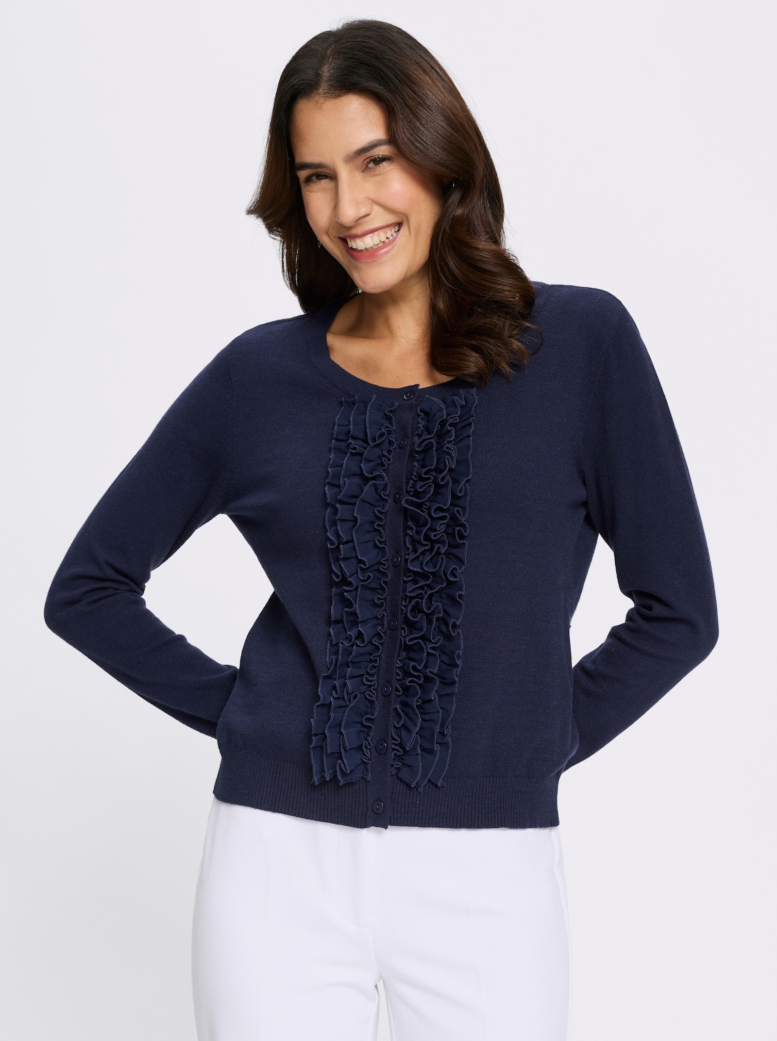 Strickjacke mit Rüschen - marine