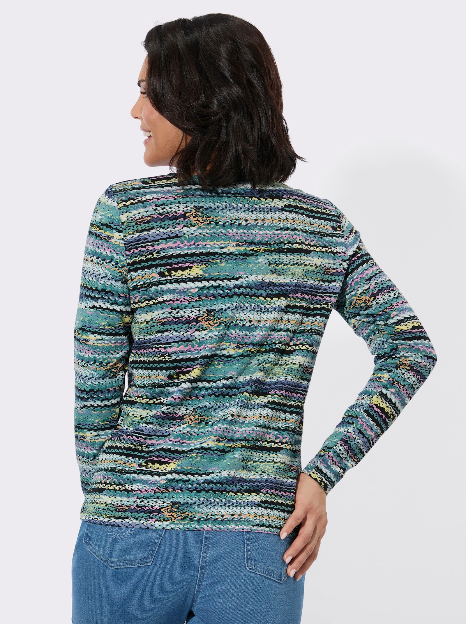 Rundhalsshirt - orchidee-rauchblau-bedruckt