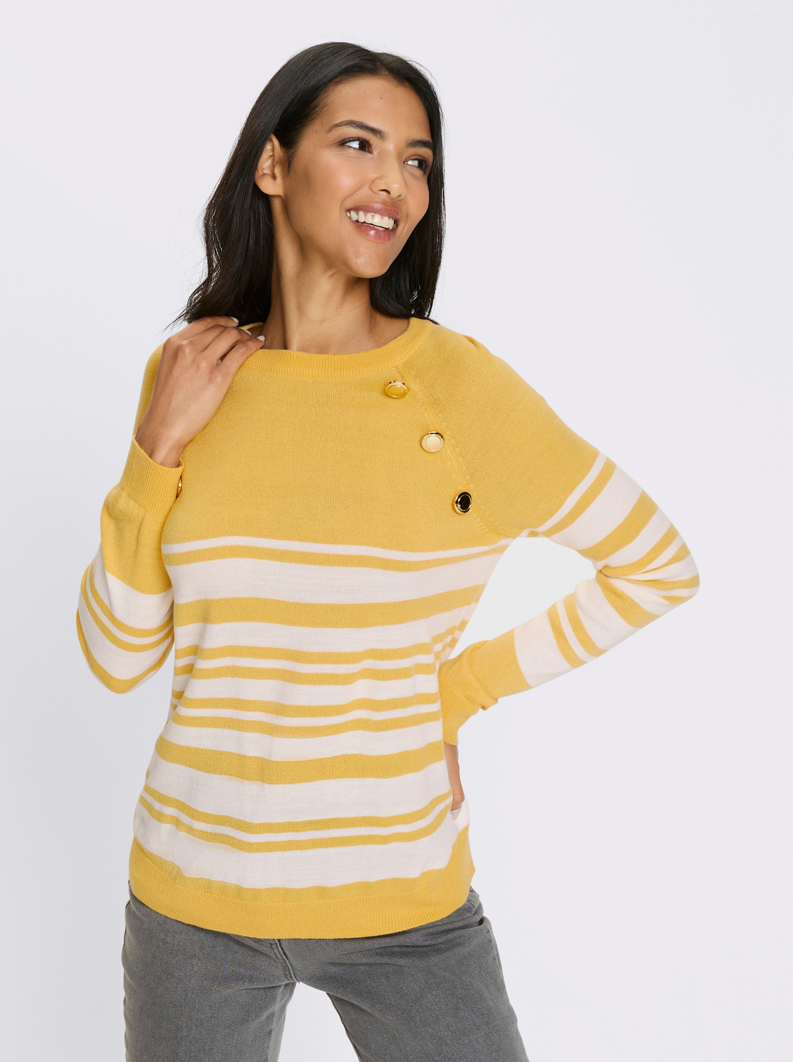 Långärmad tröja med guldfärgade knappar - gul-vit, randig
