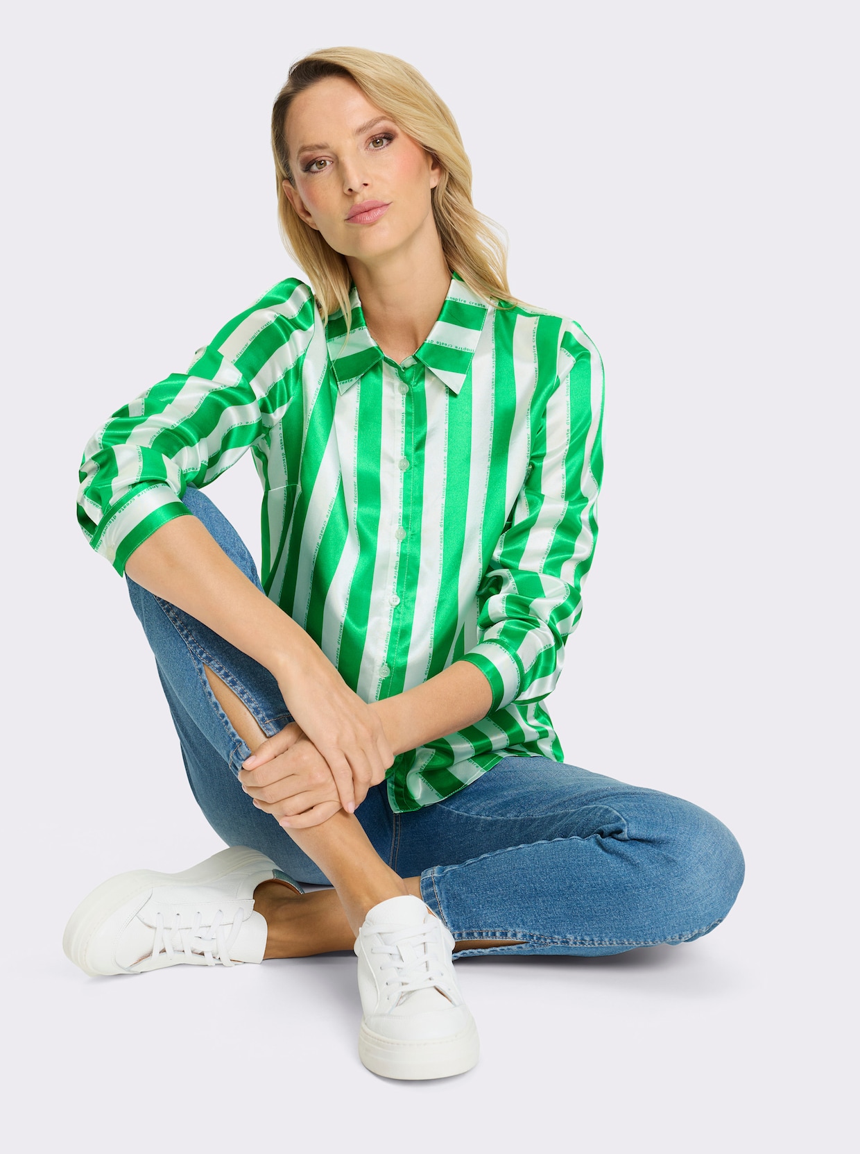 heine Hemdbluse - grasgrün-ecru-gestreift