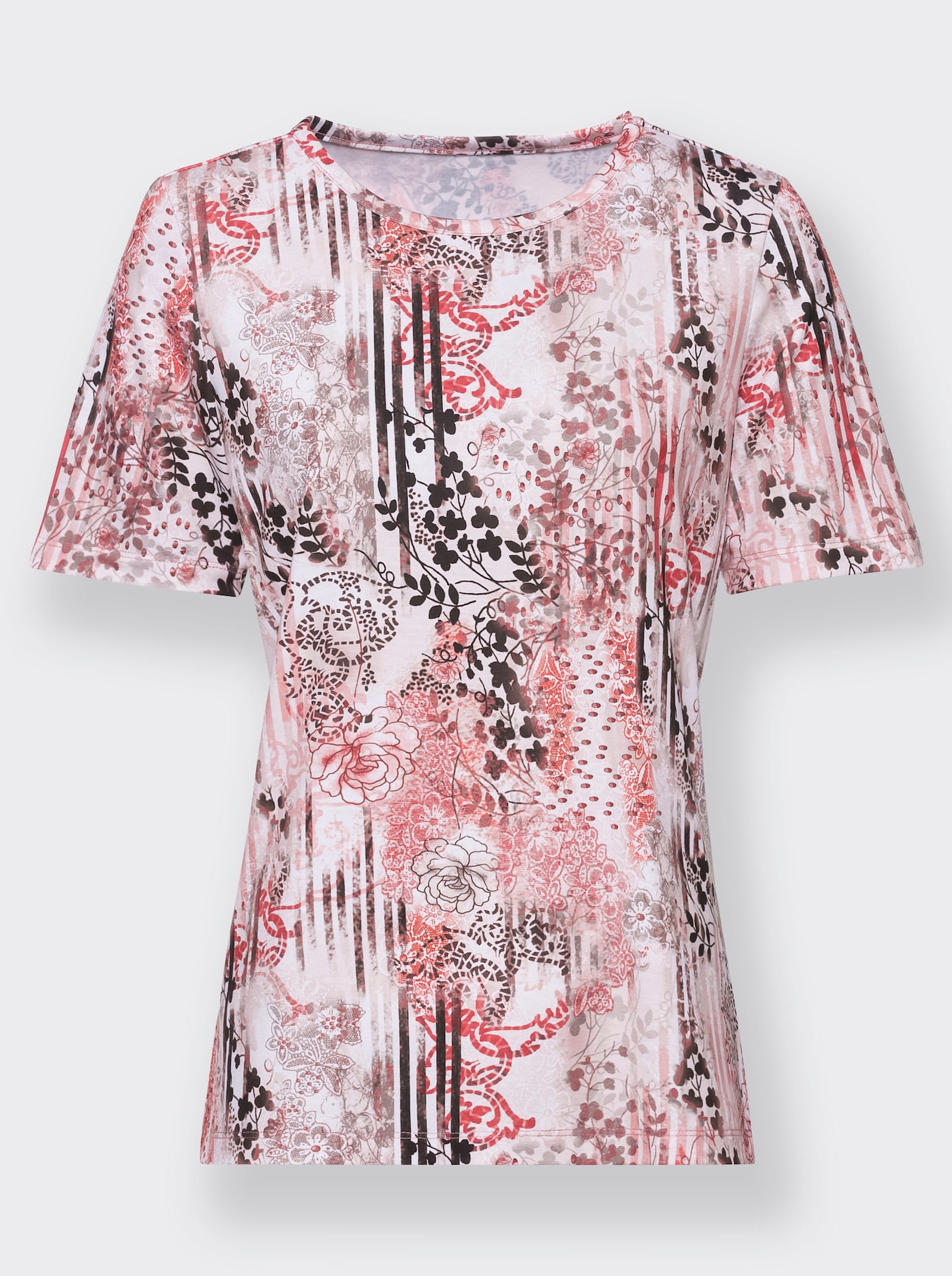 Shirt met ronde hals en korte mouwen - koraal-grafiet bedrukt