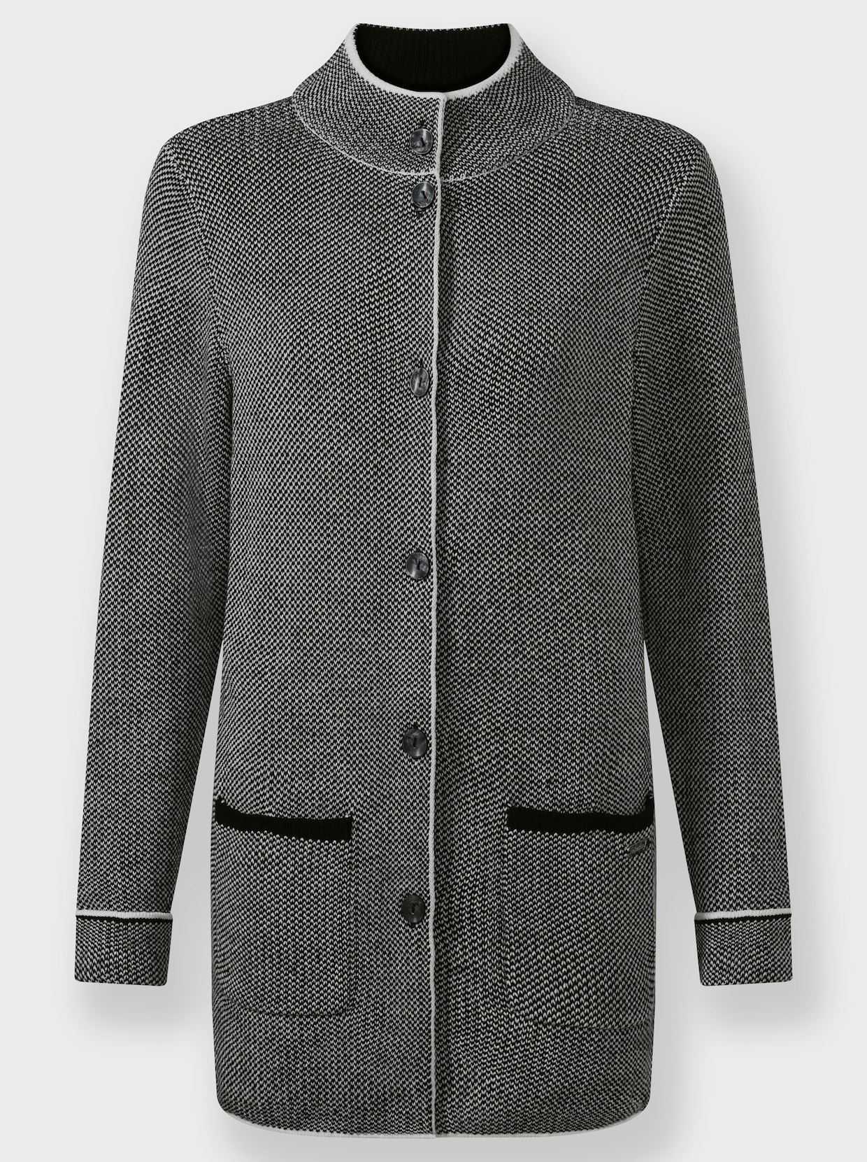 Jacquardstrickjacke mit Stehkragen - ecru-schwarz-meliert