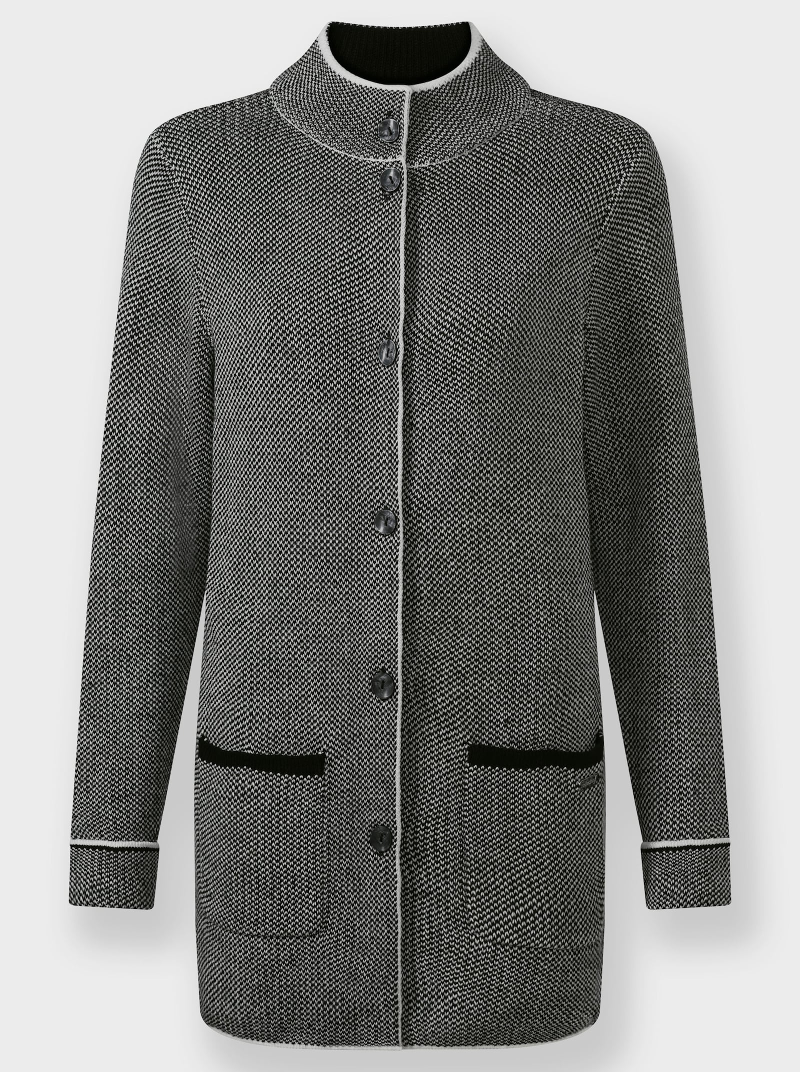 Jacquardstrickjacke mit Stehkragen - ecru-schwarz-meliert