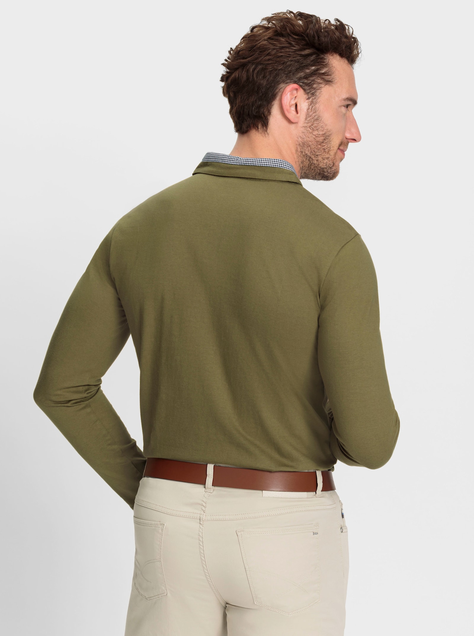 Marco Donati Langarmshirt mit Karo-Webbesatz - oliv