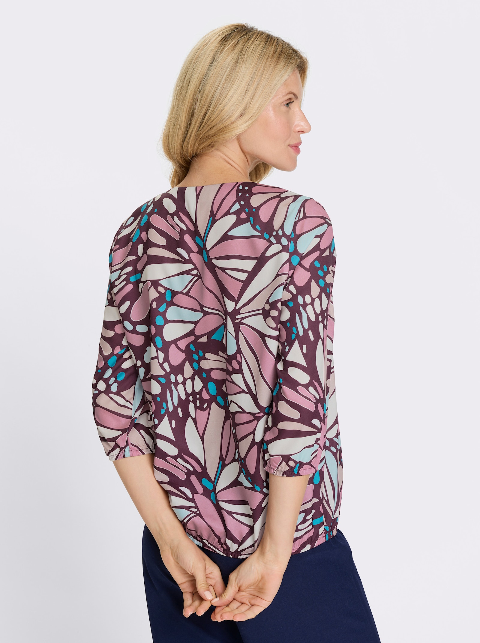 Comfortblouse met elastische boordjes - oudroze/turquoise bedrukt