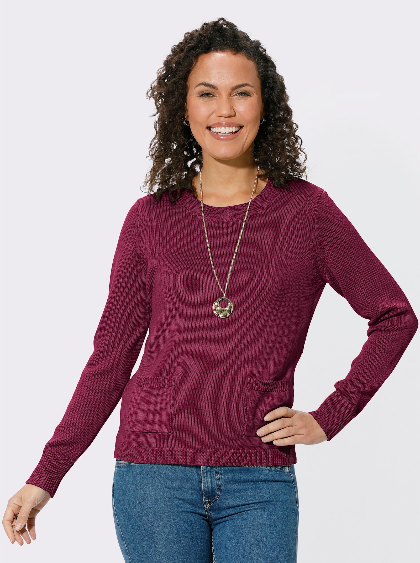 Pullover met ronde hals en opgestikte zakken - fuchsia
