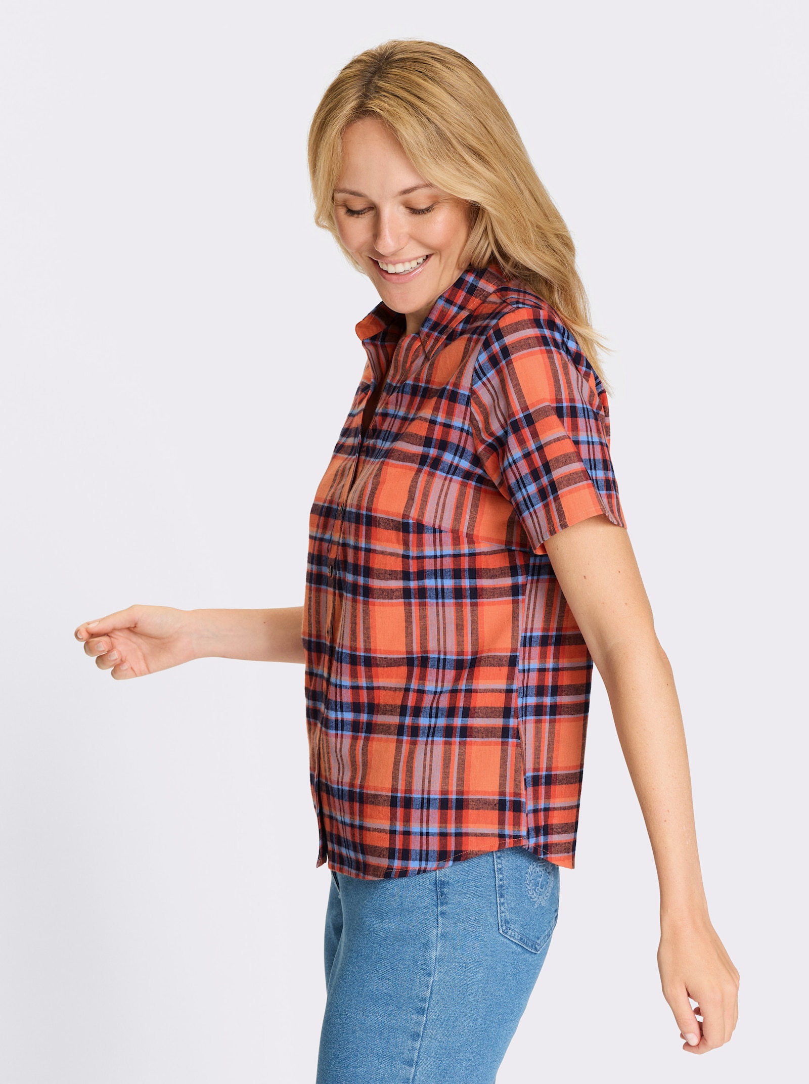 Karobluse aus reiner Baumwolle - papaya-himmelblau-kariert