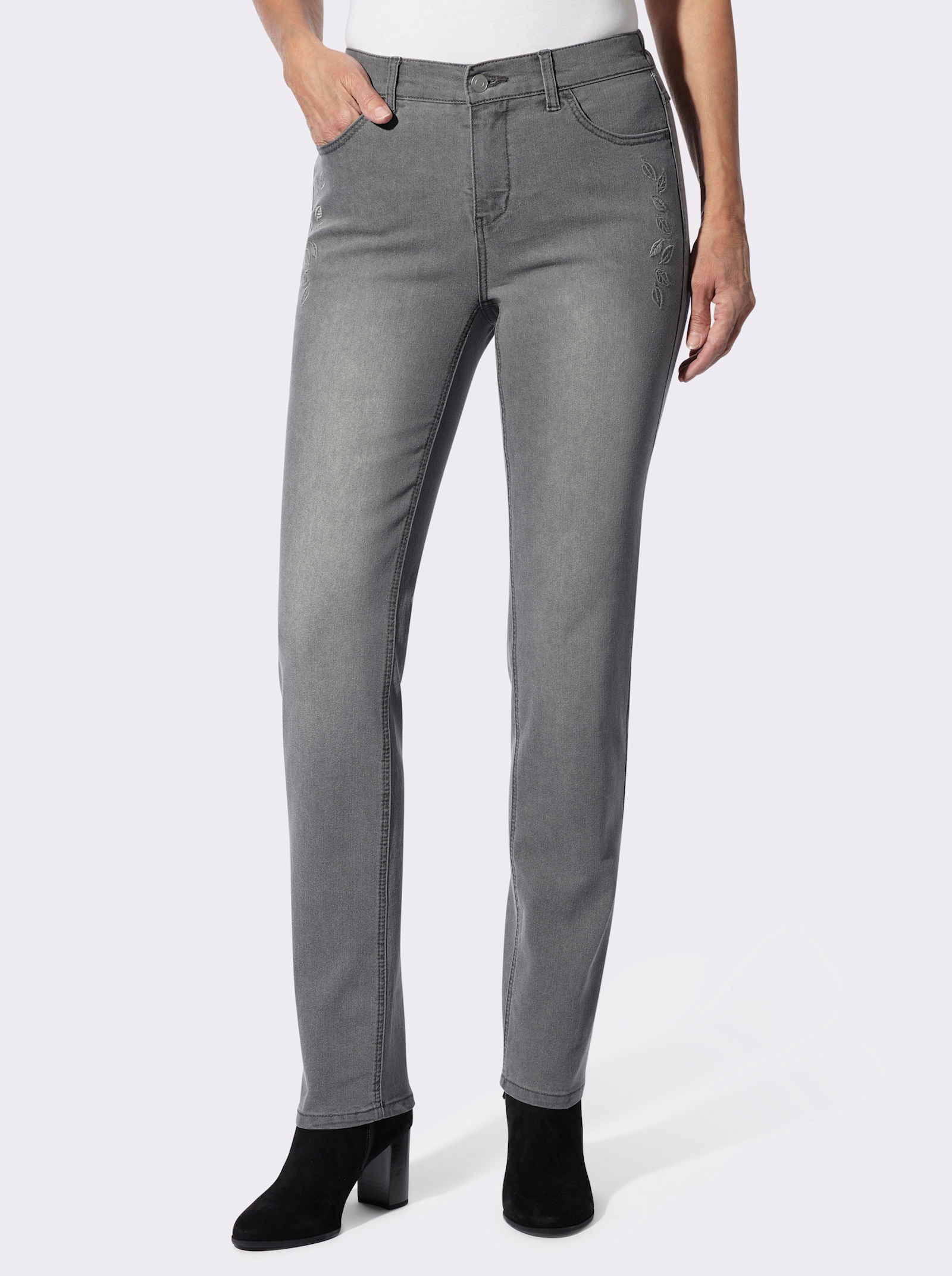 Stretch-Jeans mit ton-in-ton-farbener Stickerei - stone-grey-denim