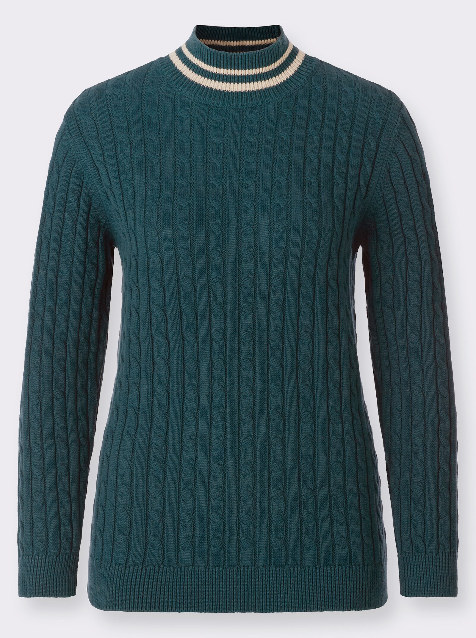 Stehkragenpullover mit Zopfmuster - petrol-sand