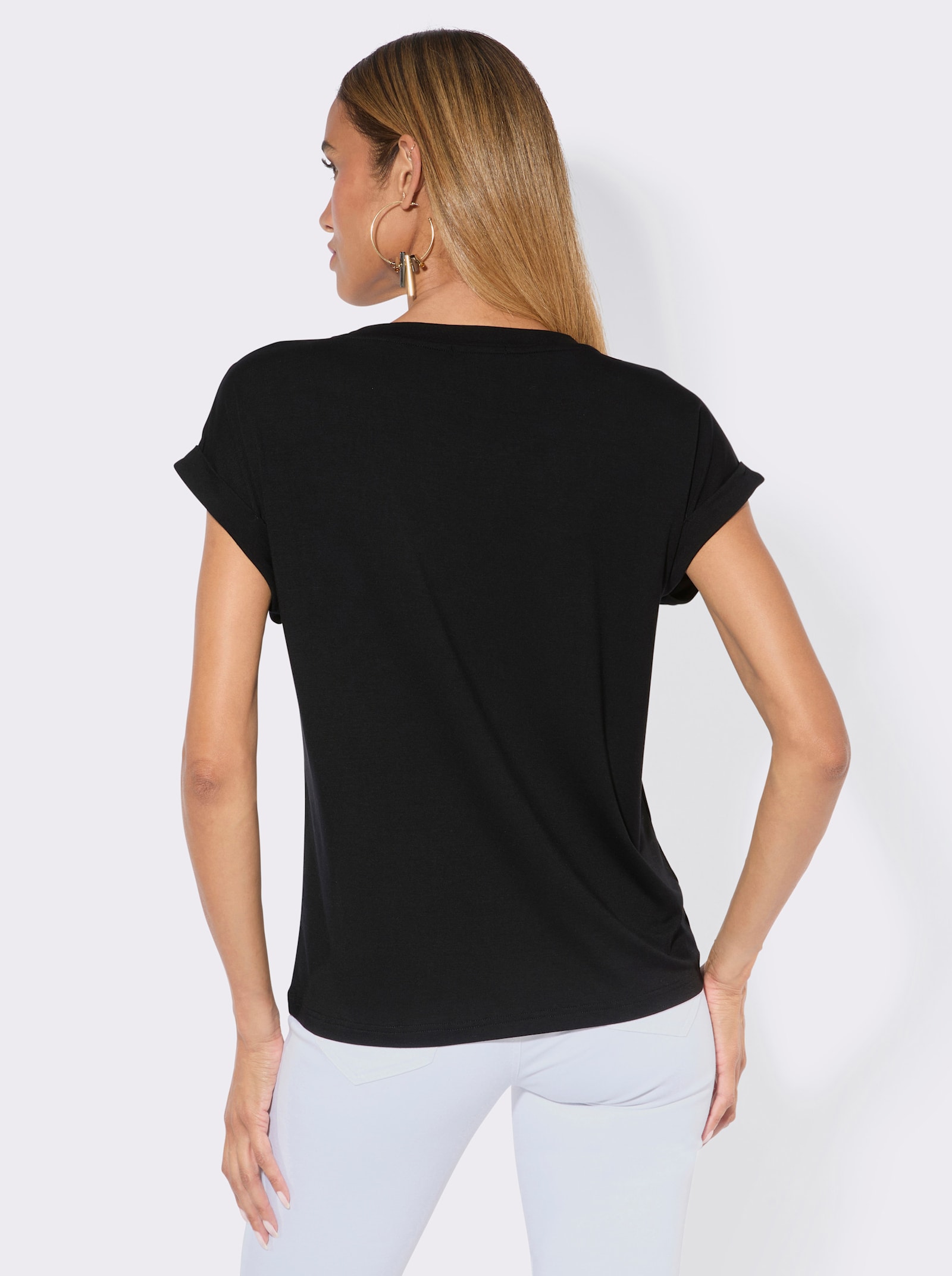 Rundhalsshirt mit goldfarbigem Folien-Druck - schwarz