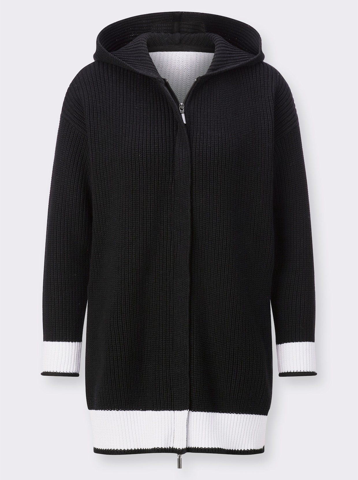 Gebreid vest met capuchon - zwart/wit