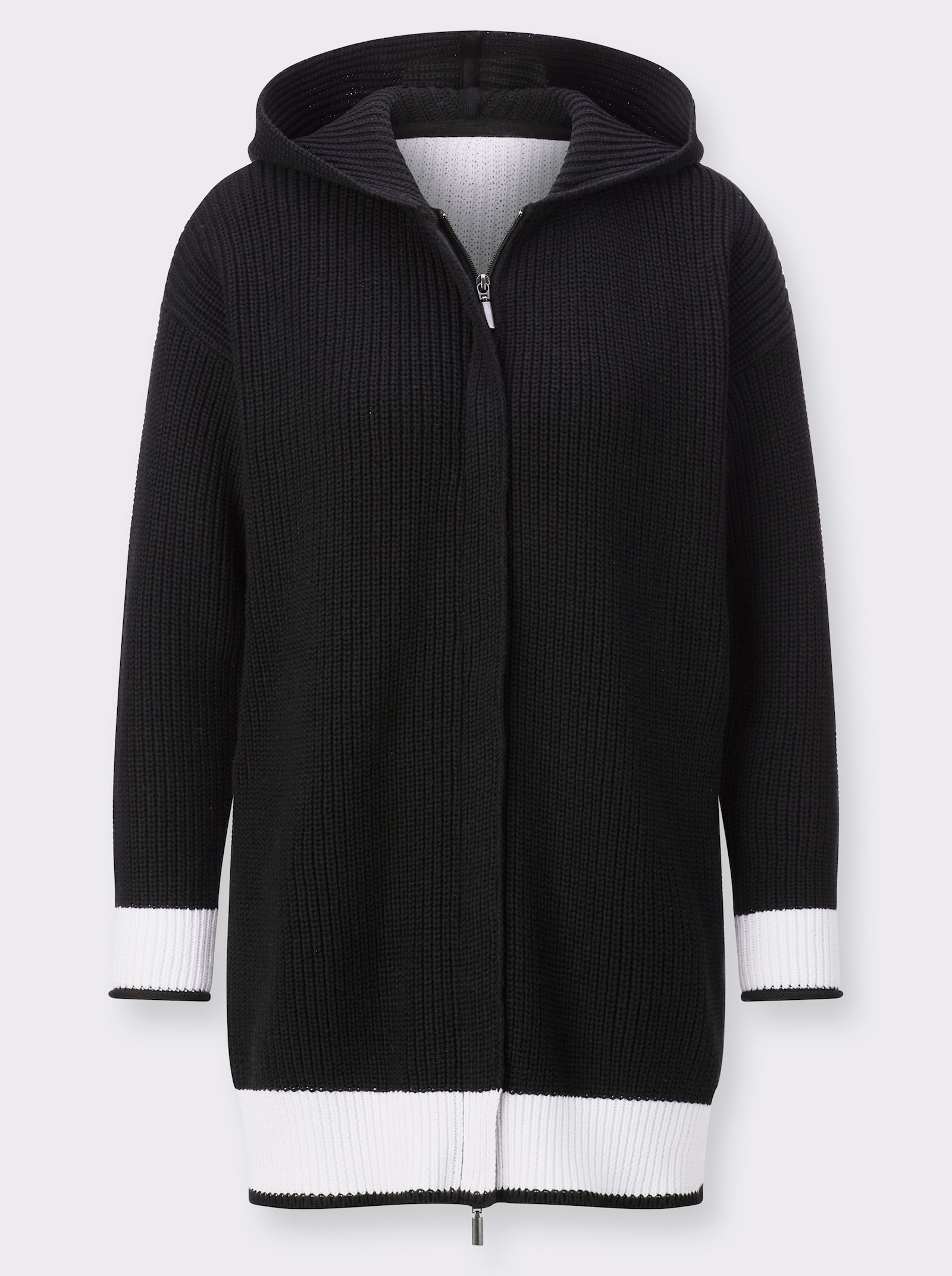 Kapuzenstrickjacke , kontraststark gearbeitet - schwarz-weiß