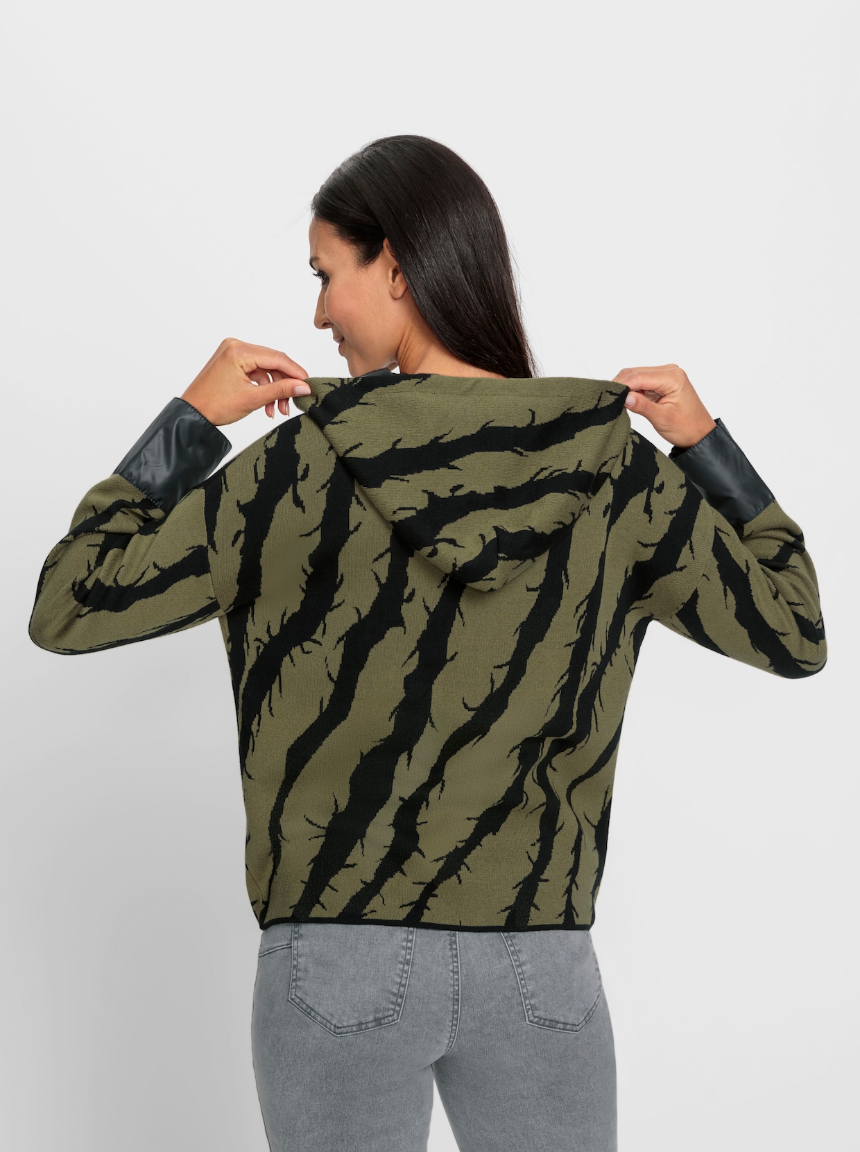 heine Gebreid vest met capuchon - zwart/olijf gedessineerd