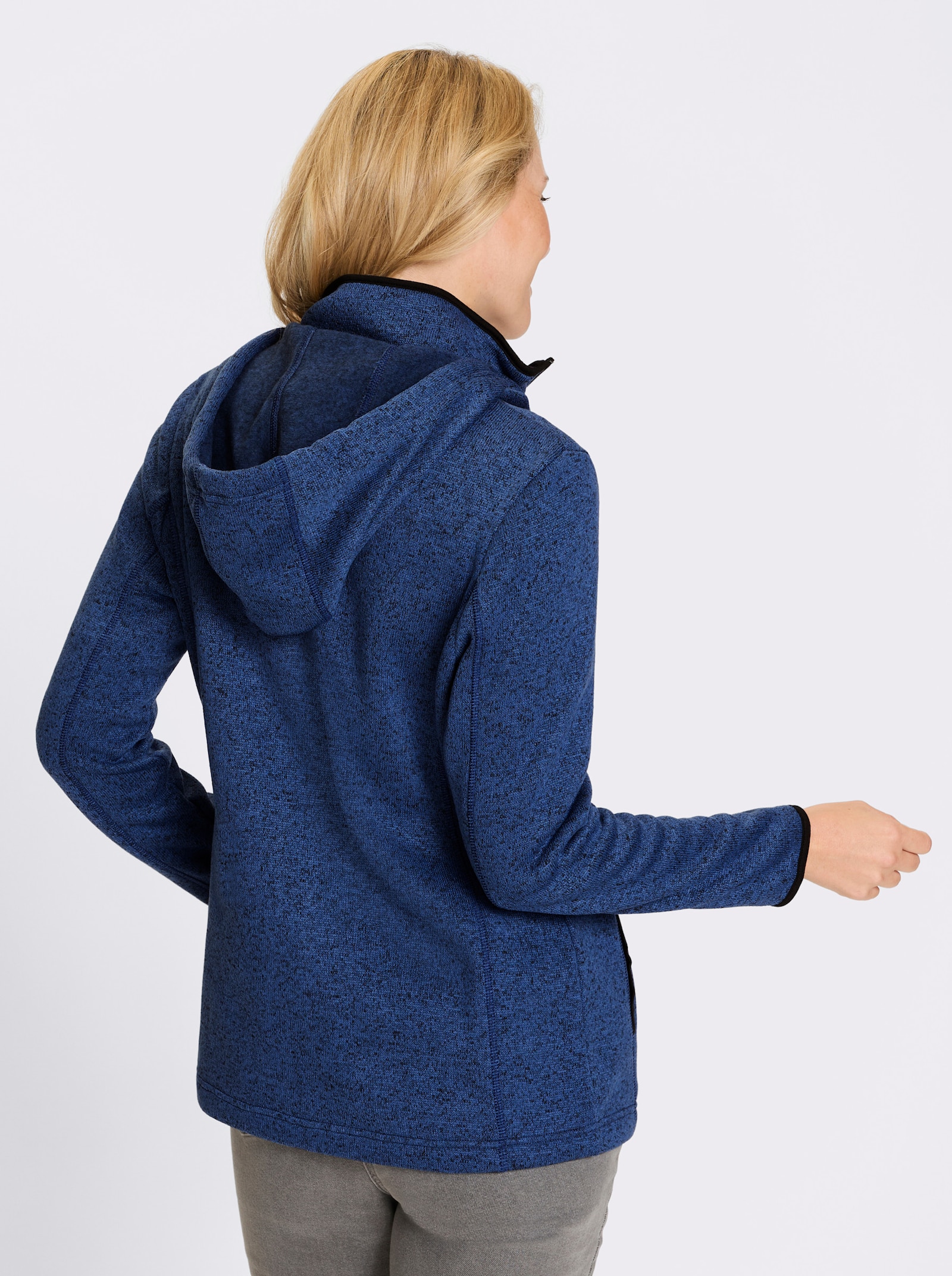 Bunda z fleecového úpletu s kapucí - džínová-černá-melír