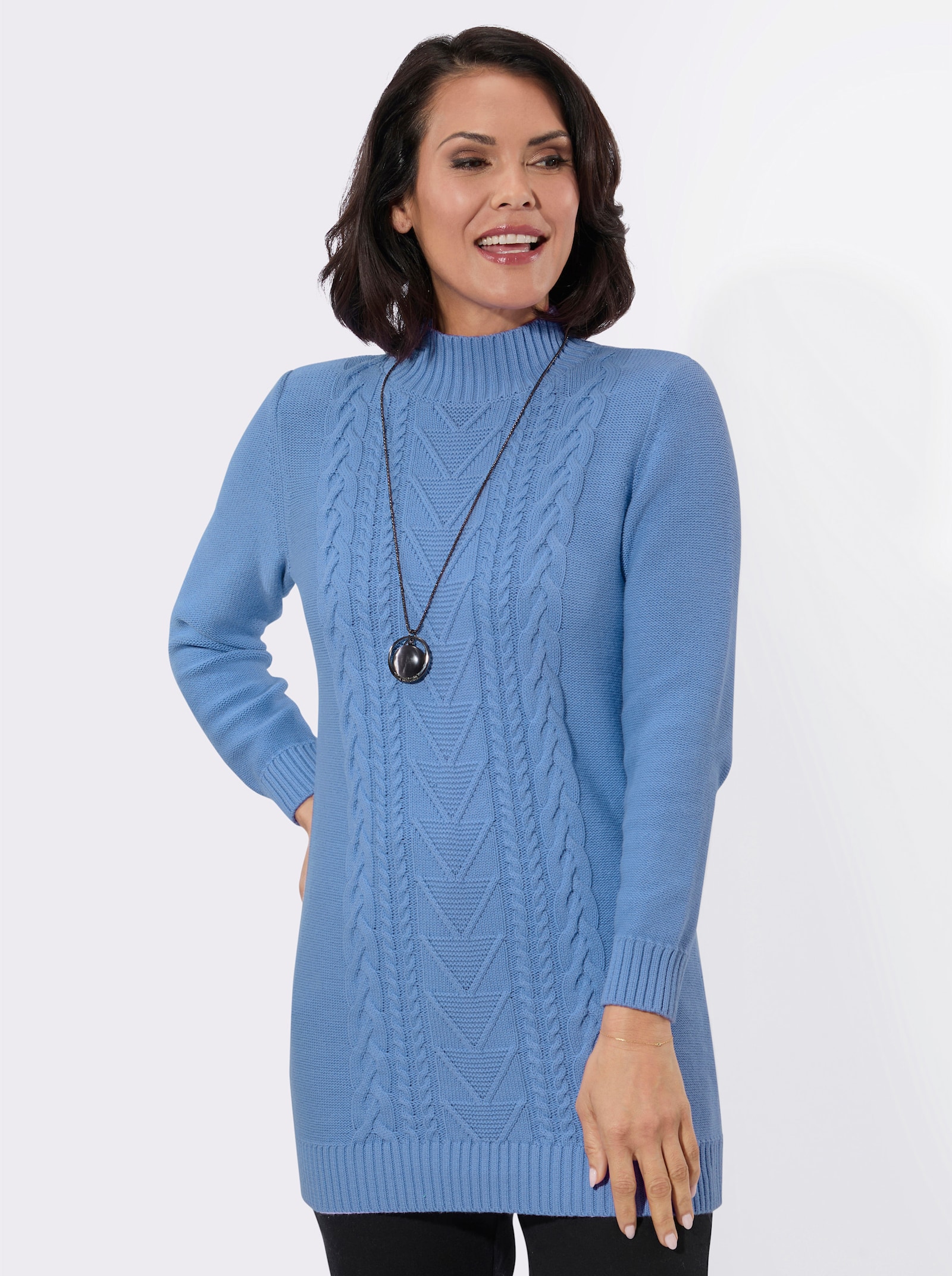 Lange pullover met kabelstructuurpatroon - hemelsblauw