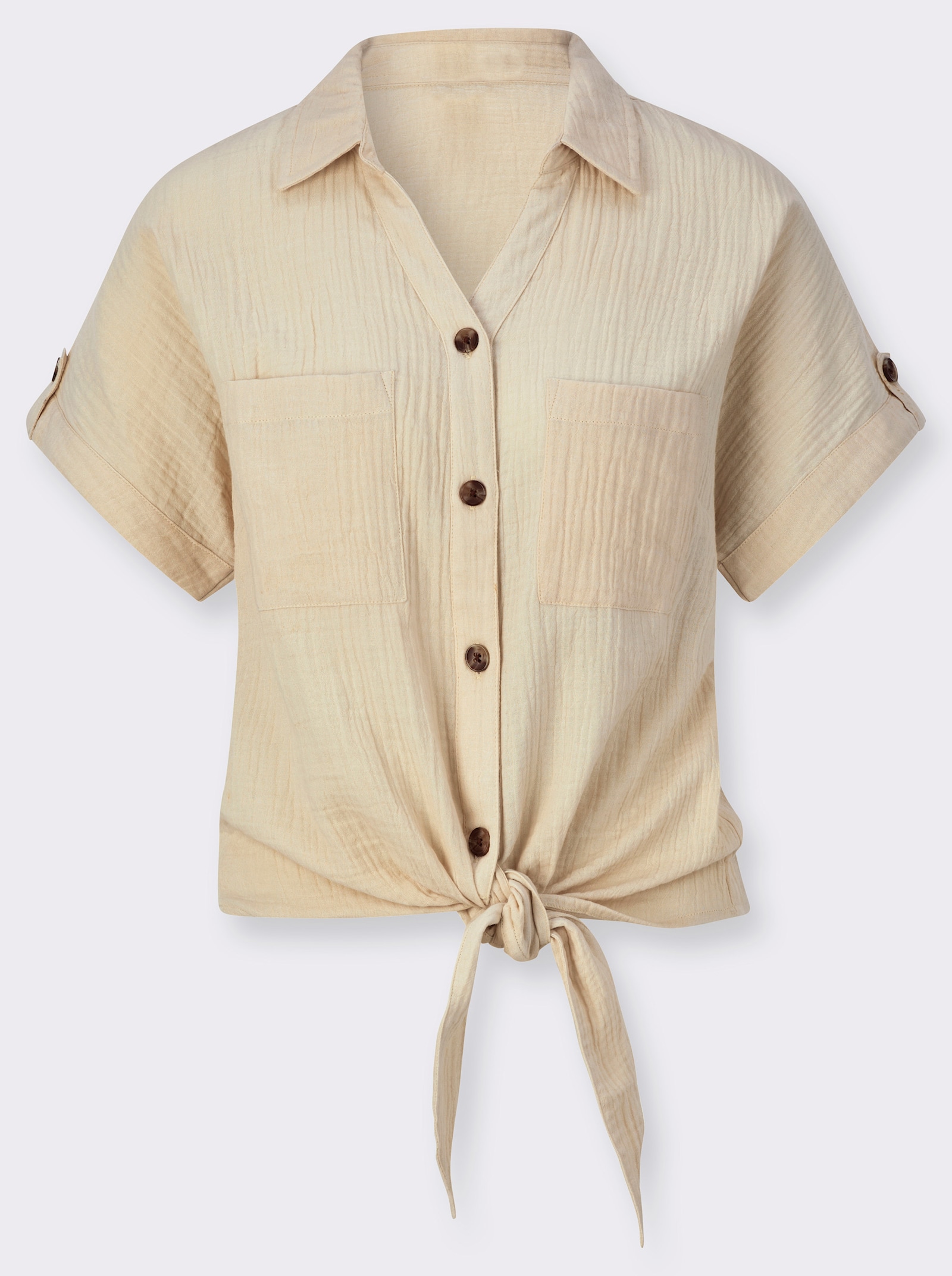 Baumwollbluse mit zipfligem Saum zum Knoten - sand