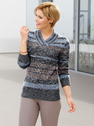 V-Ausschnitt-Pullover aus Melangegarn - jeansblau-anthrazit-geringelt