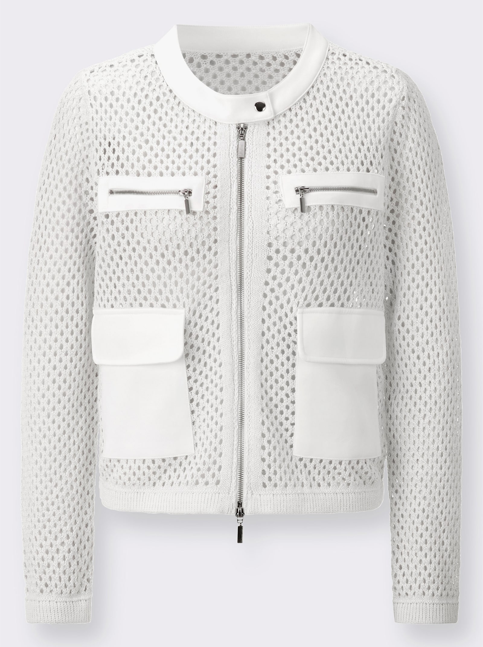 Ajourstrickjacke mit Glanzgarn-Akzenten - weiß