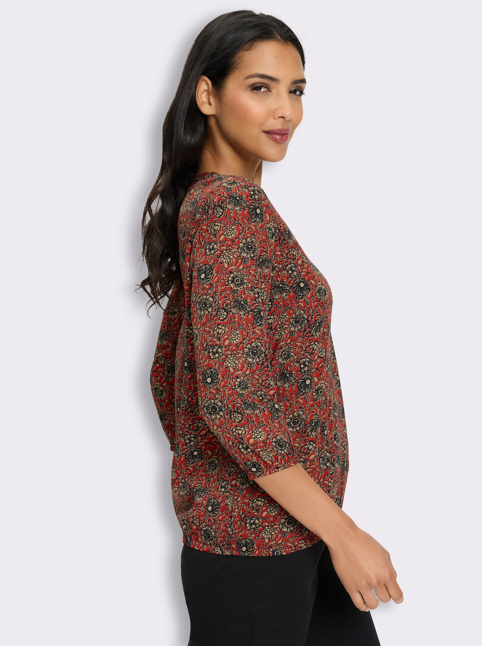 Druckbluse in Schlupfform - erdbeere-camel-bedruckt