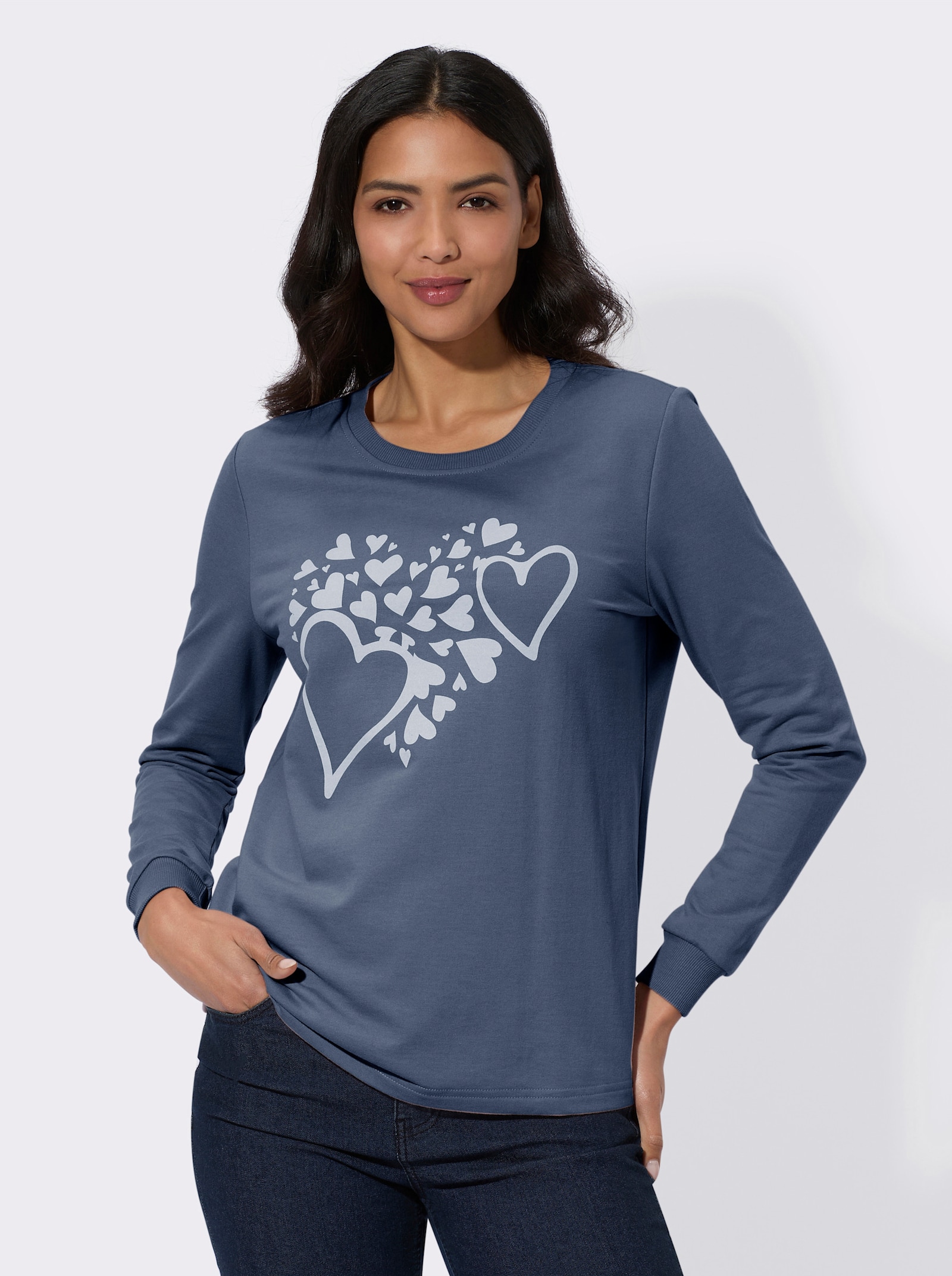 Sweatshirt med hjärtmönster - rökblå, ecru