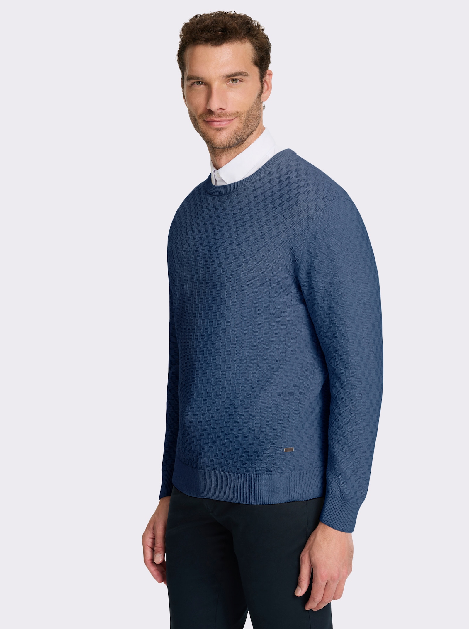Marco Donati Rundhalspullover im Schachbrett-Muster rundum - jeansblau