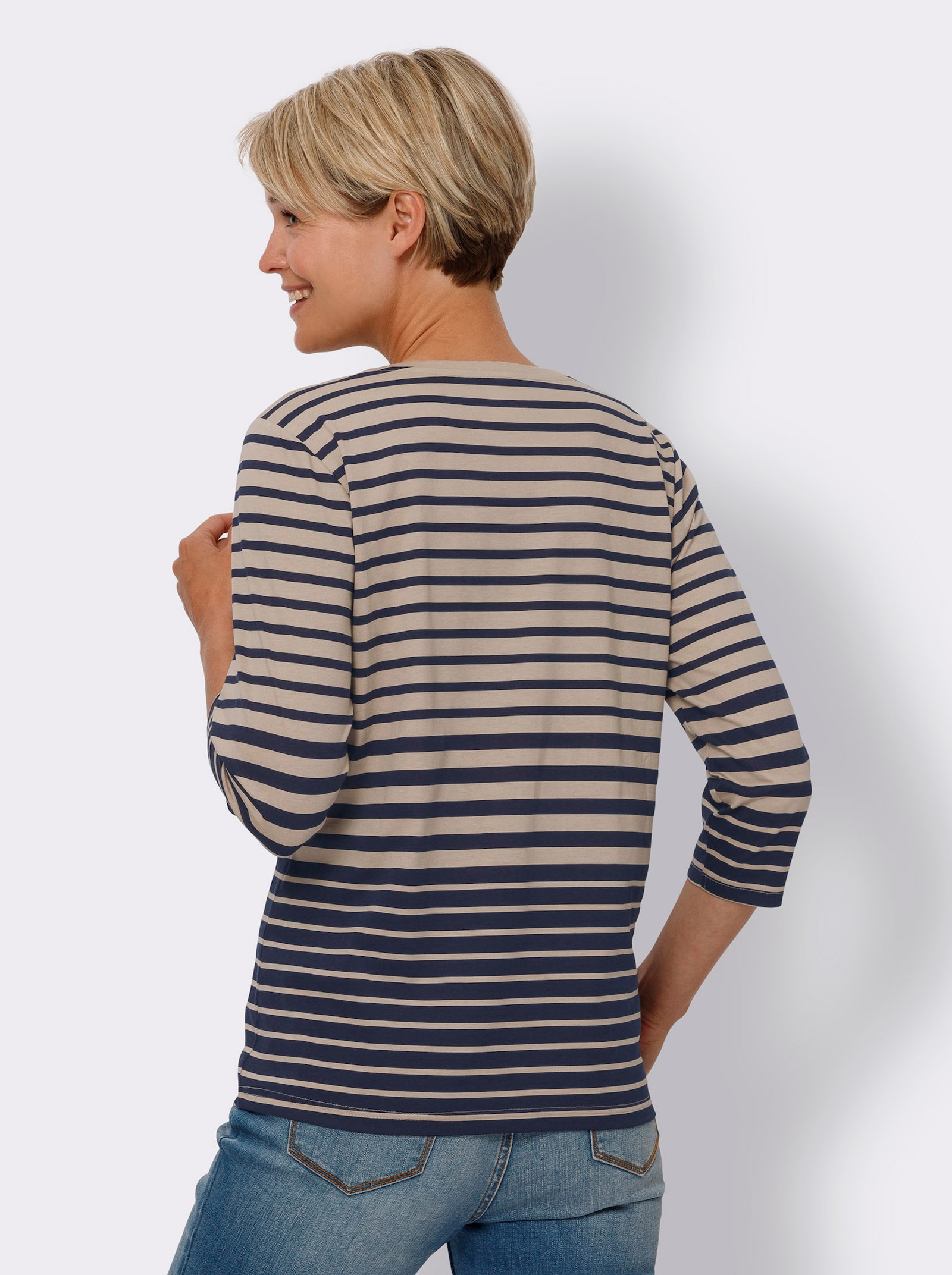Pruh. tričko s 3/4 rukávmi - Pruhovanie: béžová – námornícka modrá