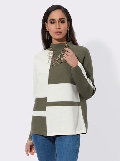 Jacquard-Pullover , Rückenteil einfarbig - khaki-ecru-gemustert