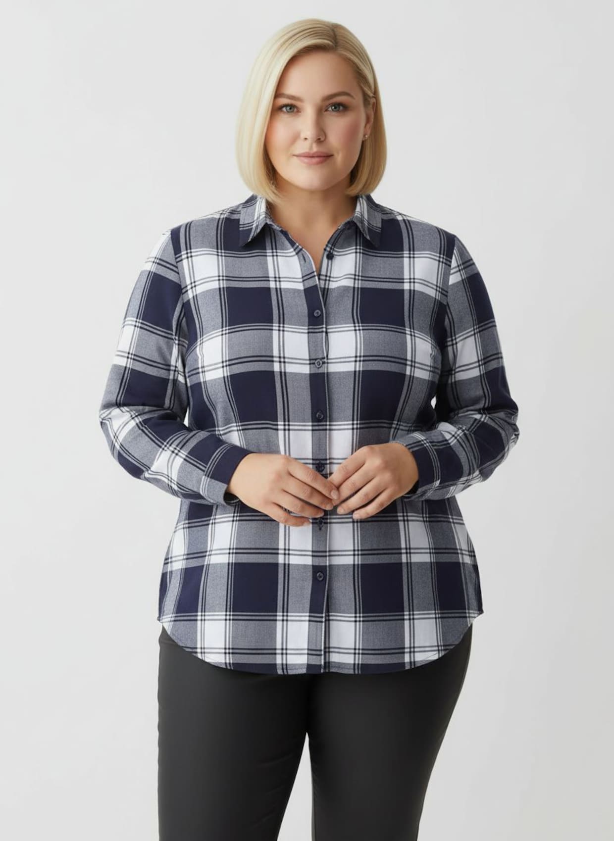 Flanellbluse in Karo-Muster - marine-weiß-kariert