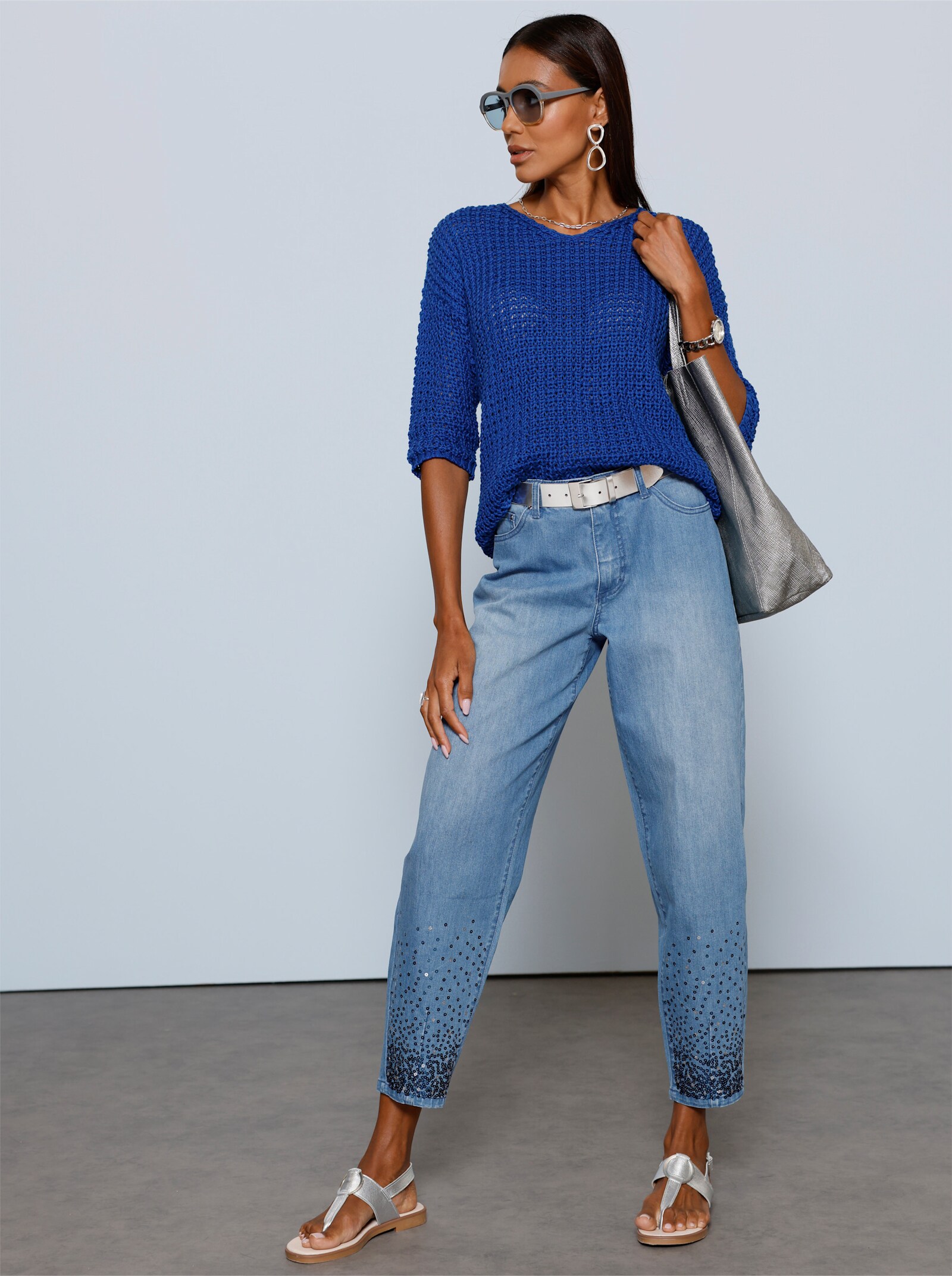 Baumwoll-Jeans mit Pailletten - blue-bleached