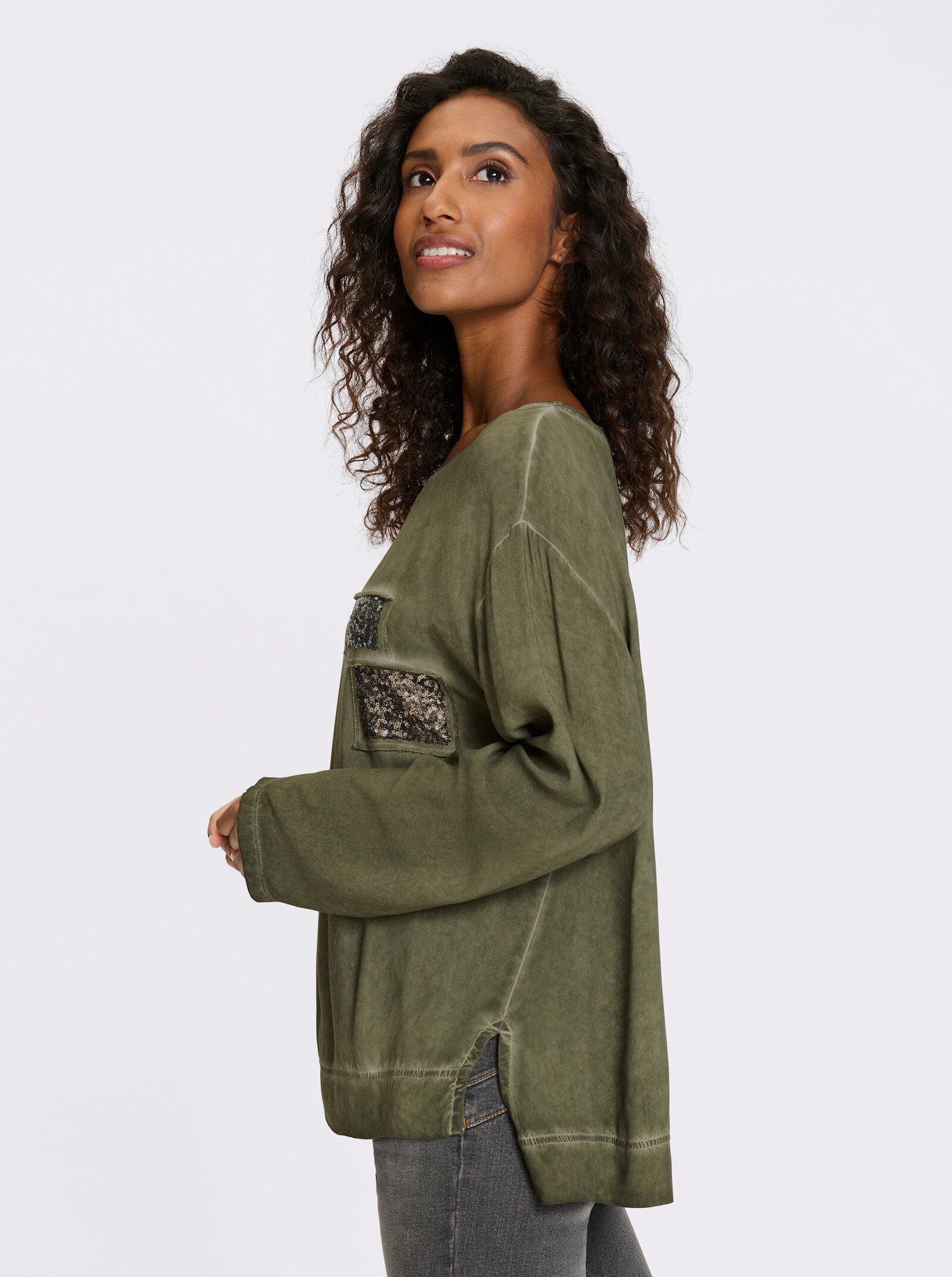 heine Langarmbluse mit Pailletten - khaki