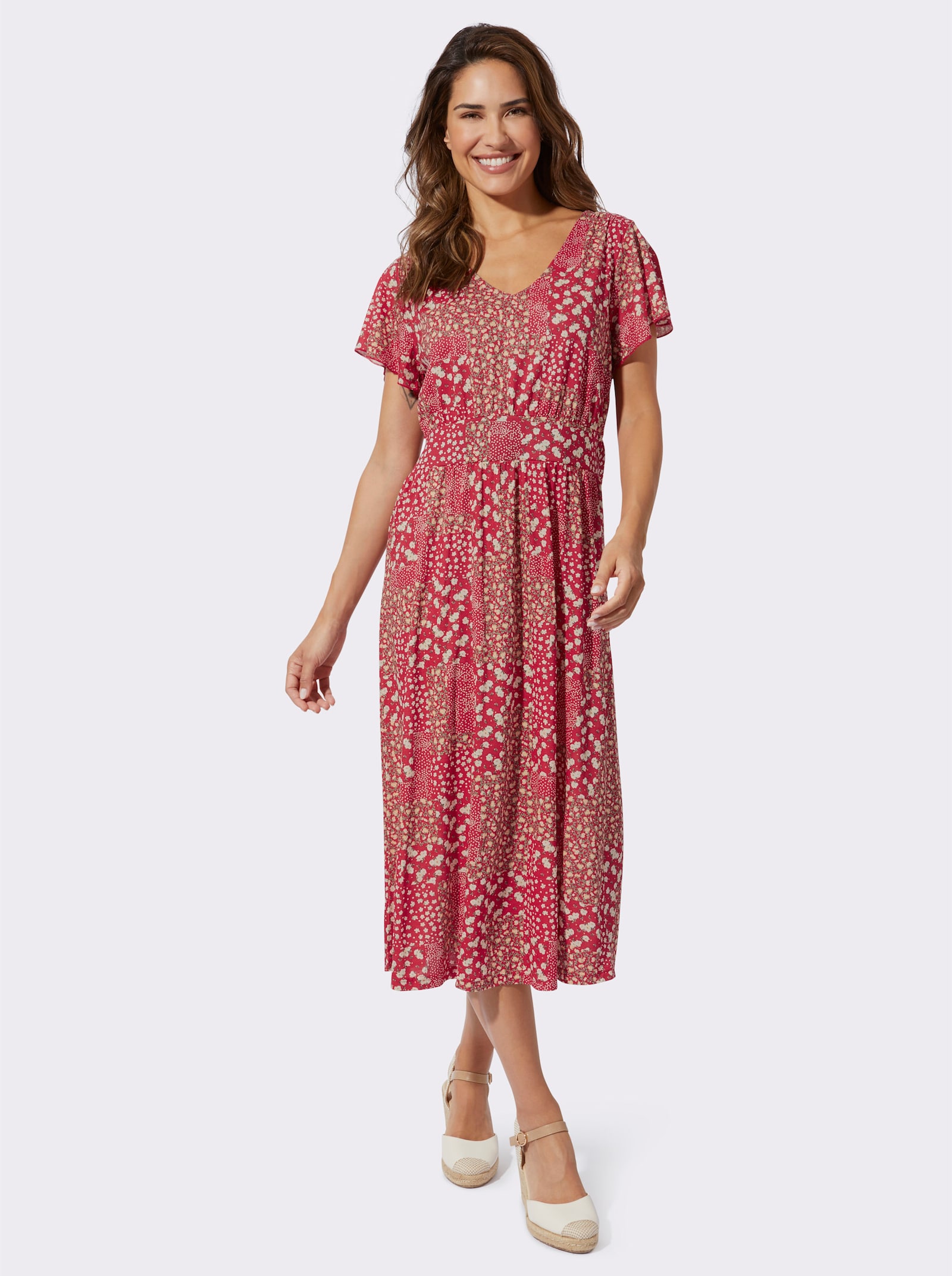 Jerseykleid mit Raffungen - erdbeere-champagner-bedruckt