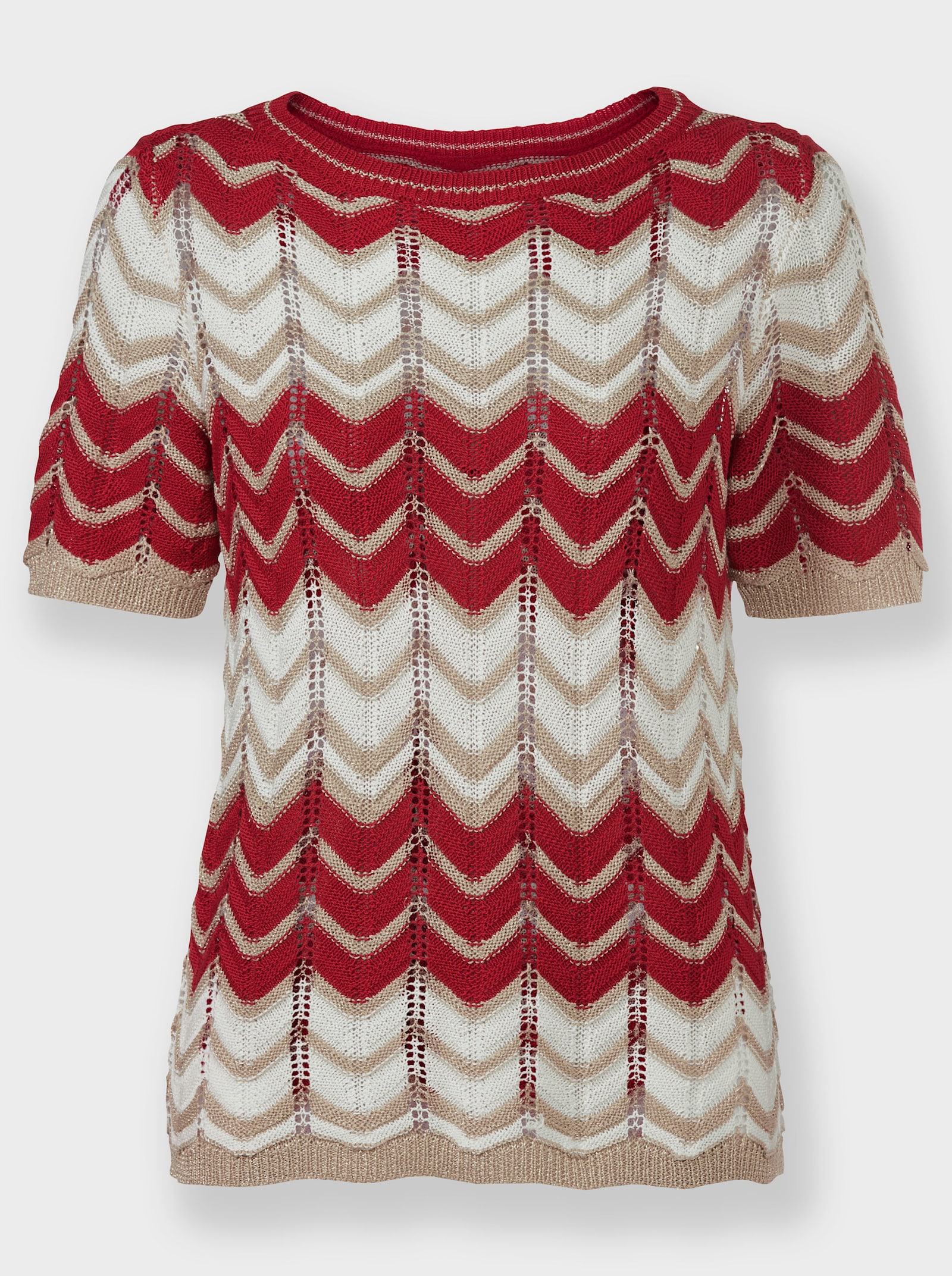 Ajourpullover mit Glanzgarn - rot-ecru-gemustert