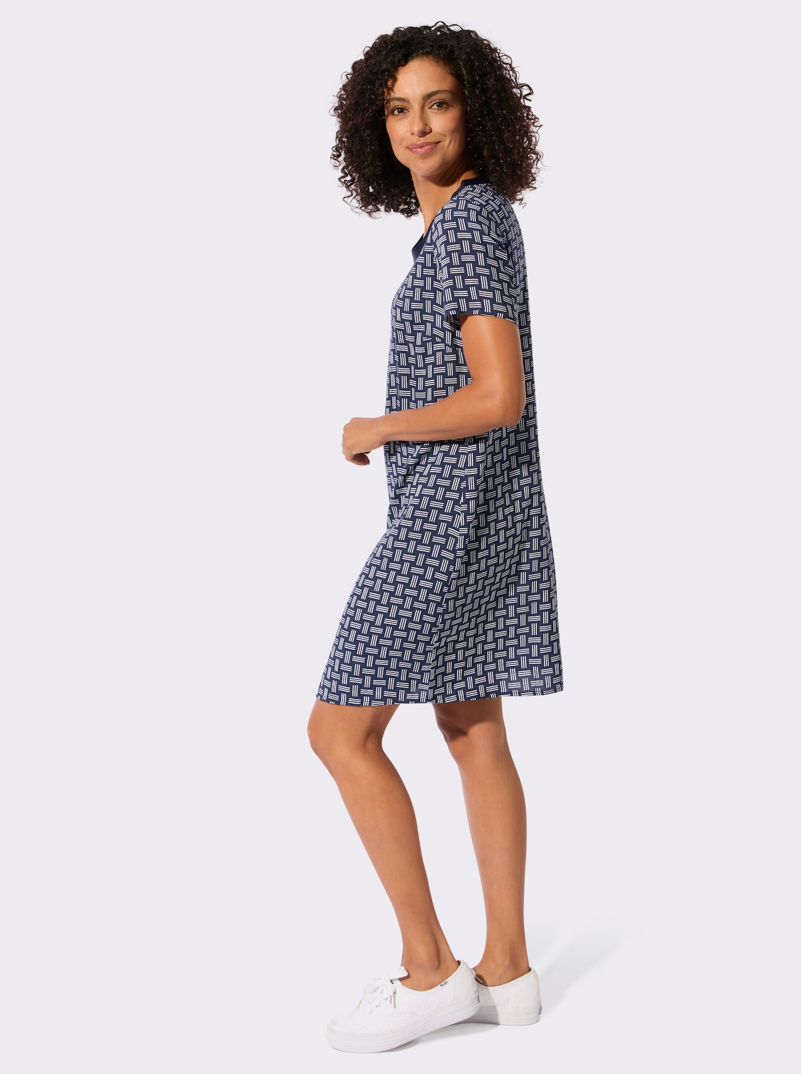 Webkleid in figurfreundlicher A-Linie - marine-ecru-bedruckt