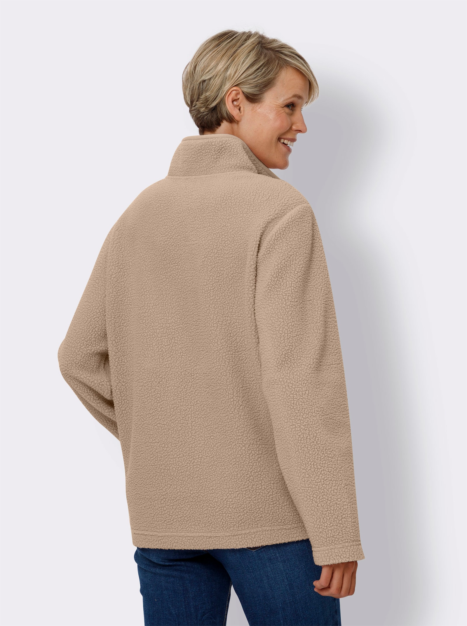 Fleecetröja med ståkrage och tryckknappslå - beige