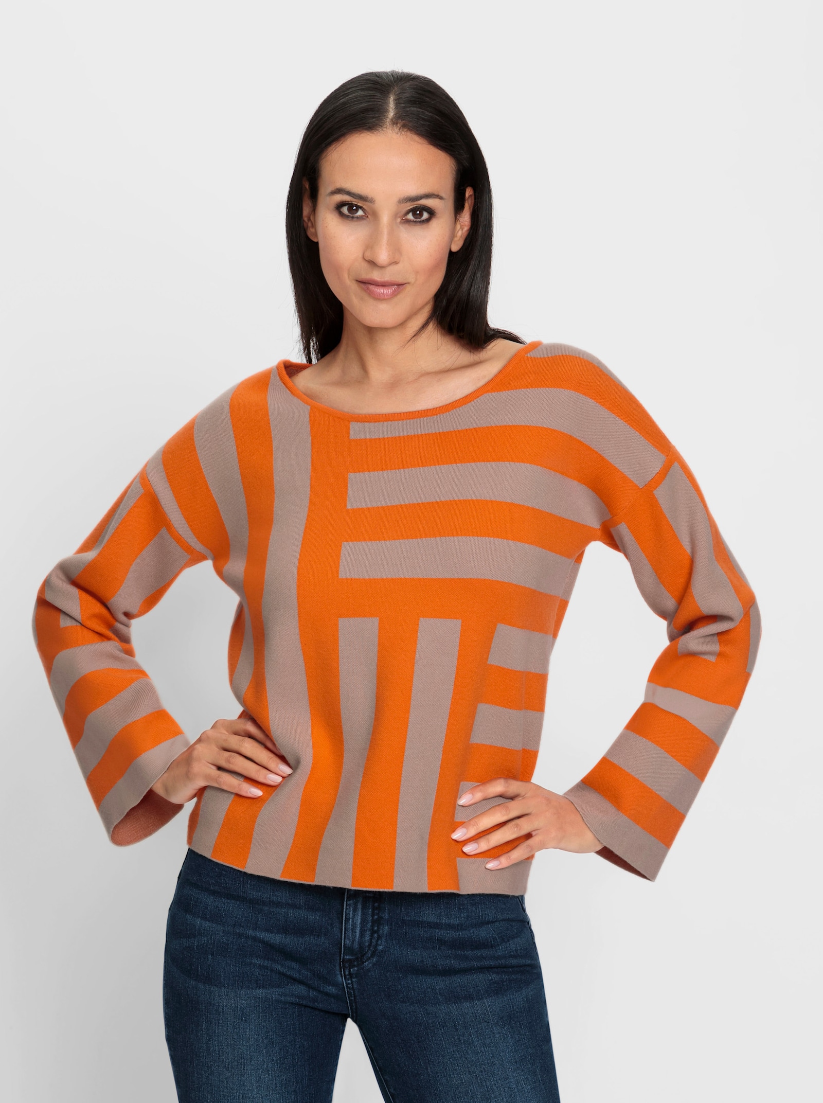 heine Jacquard-Pullover mit Blockstreifen-Muster - beige-orange-gemustert