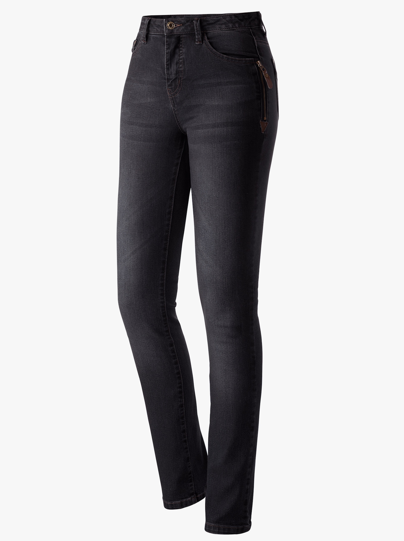 5-Pocket-Jeans mit Reissverschluss und Lederimitat-Anhänger - black denim