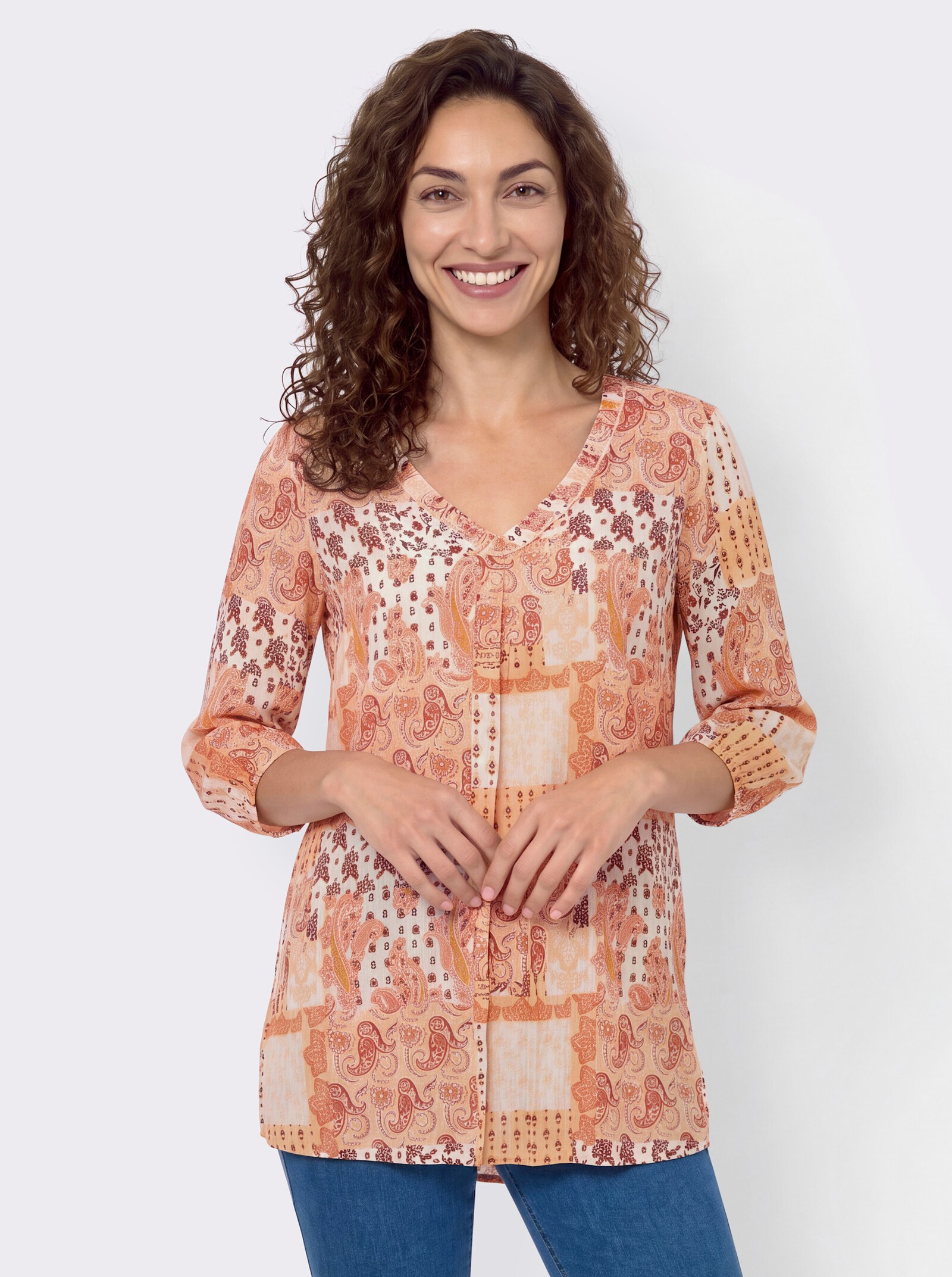Druckbluse mit Rüschen-Verzierung - papaya-ecru-bedruckt