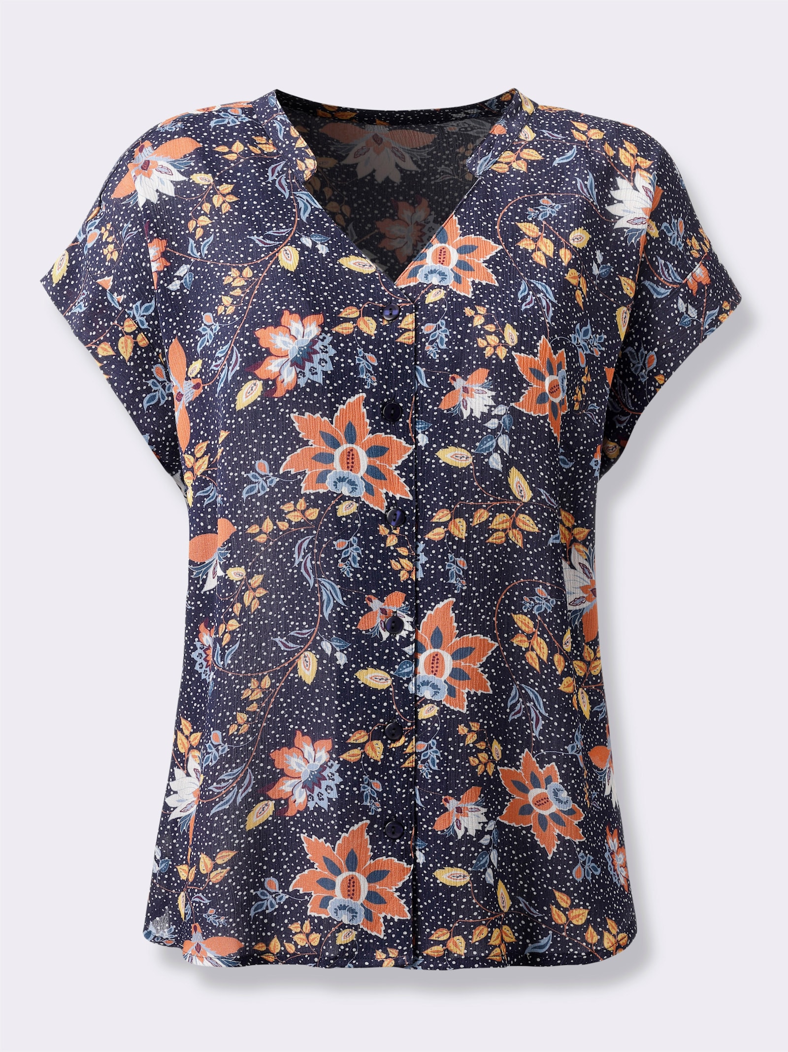 Kurzarmbluse in strukturierter Qualität - marine-gelb-bedruckt