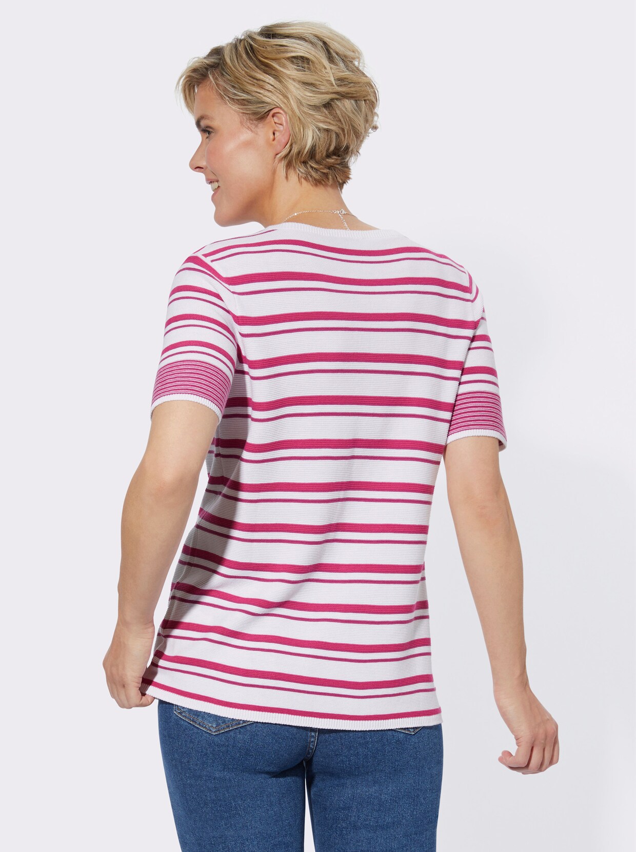 Kurzarmpullover - fuchsia-weiß-geringelt
