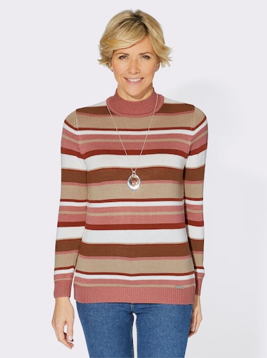 Stehkragenpullover im Ringel-Dessin - rosenholz-rotbraun-geringelt