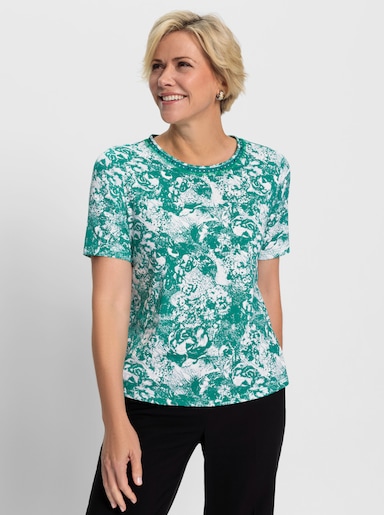 Rundhalsshirt mit smaragdfarbenen Glitzersteinchen - smaragd-weiß-bedruckt