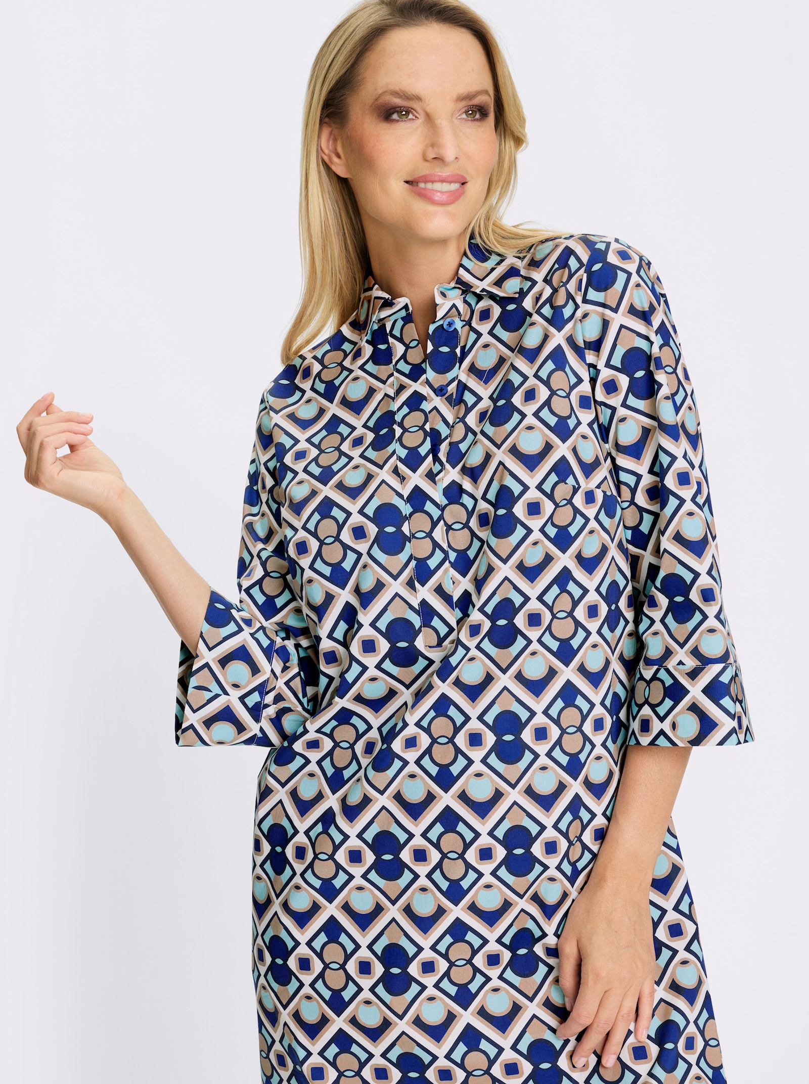 heine Druckkleid mit kurzer Knopfleiste - weiss-royalblau-bedruckt