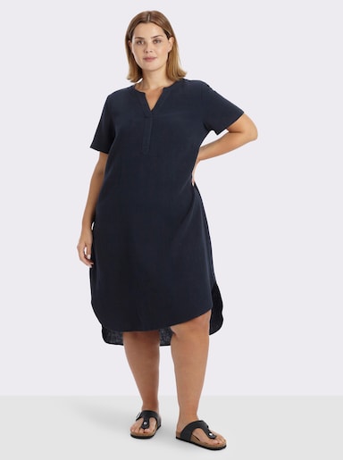 sheego Baumwollkleid mit V-Ausschnitt und Knopfleiste - tiefblau