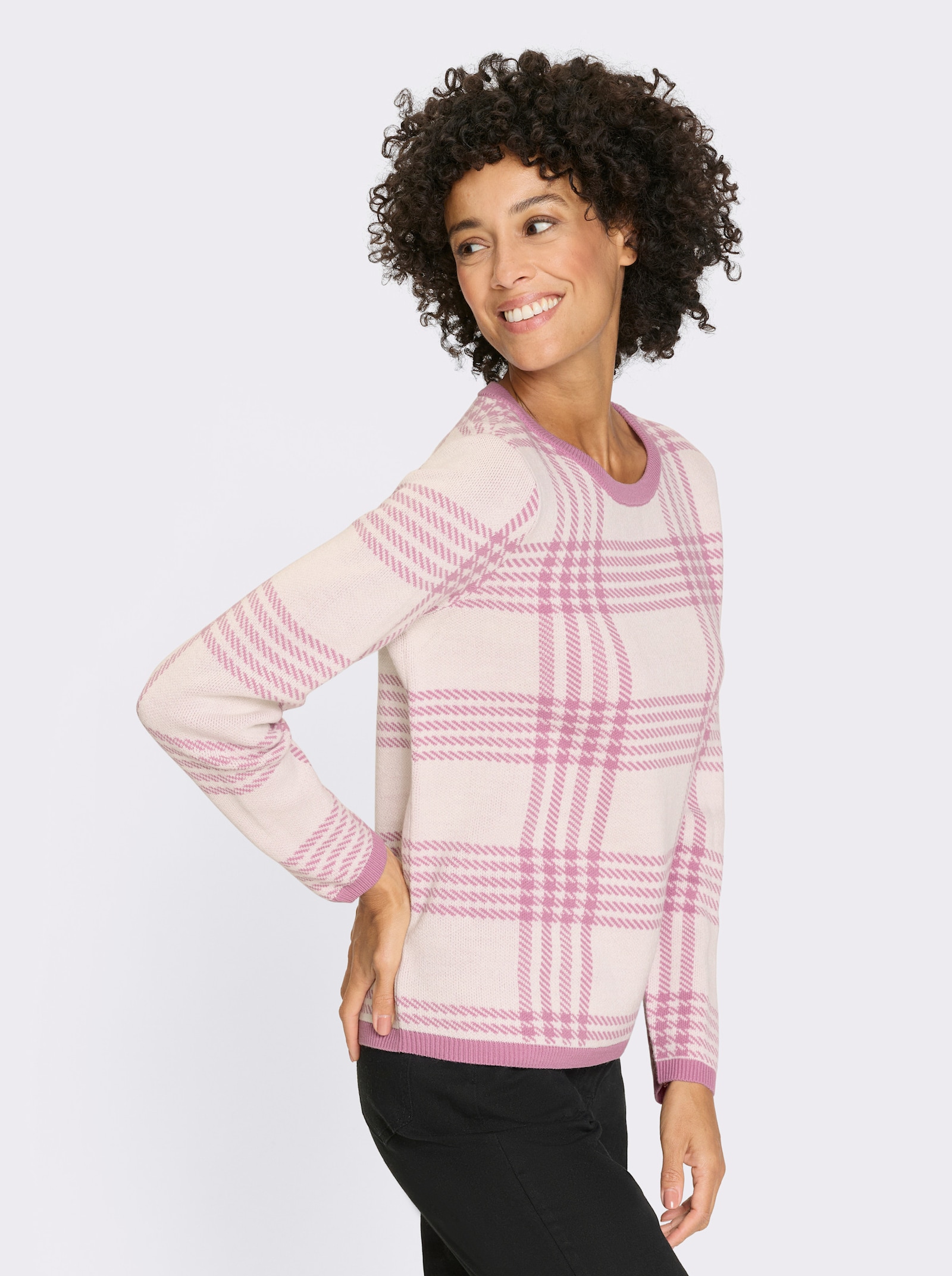 Rundhalspullover im Karo-Jacquardmuster - orchidee-ecru-gemustert