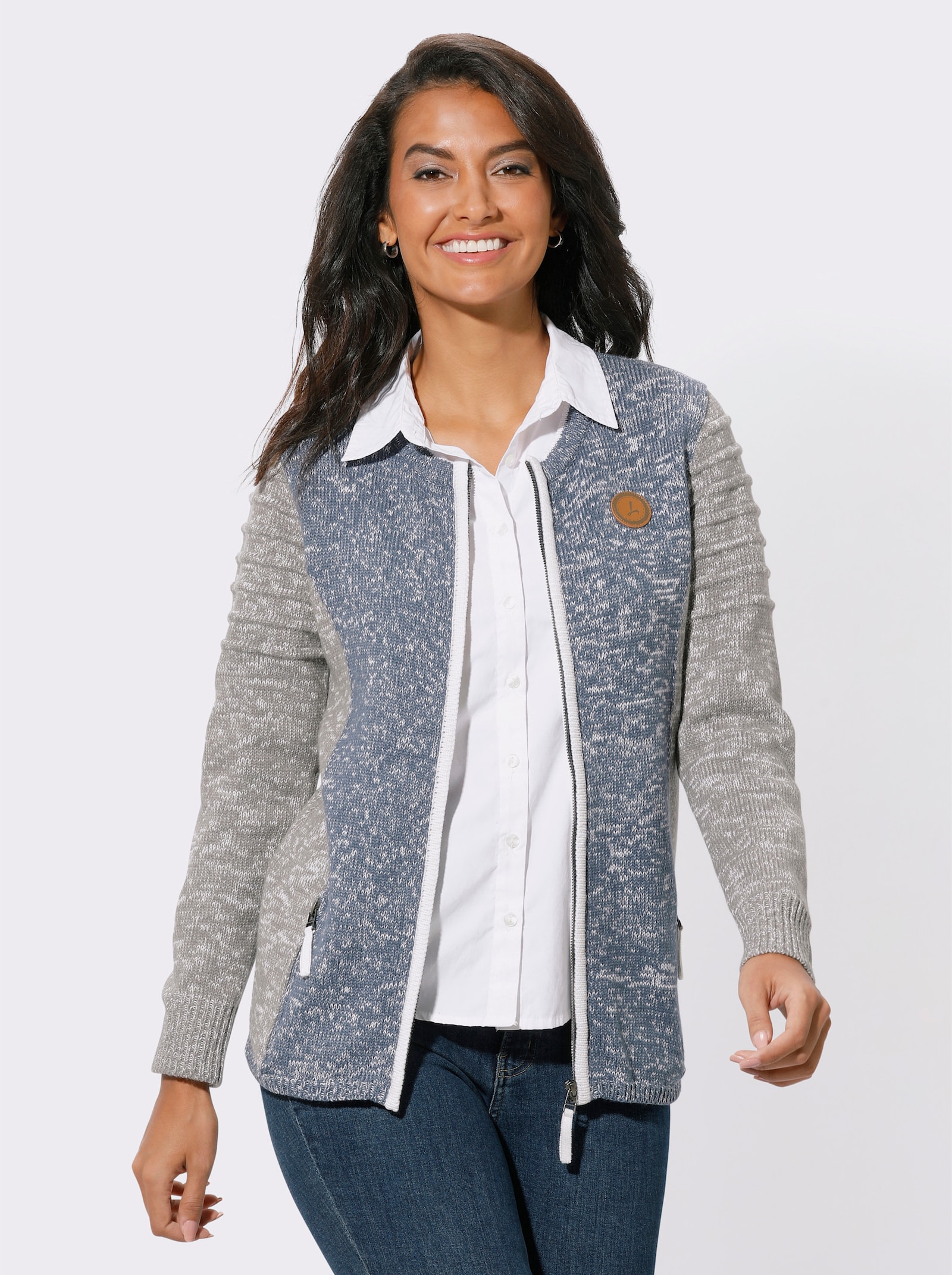 Strickjacke mit Lederimitat-Details - grau-rauchblau-meliert