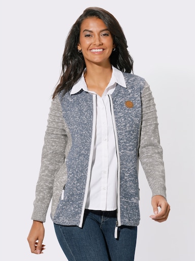 Strickjacke mit Lederimitat-Details - grau-rauchblau-meliert