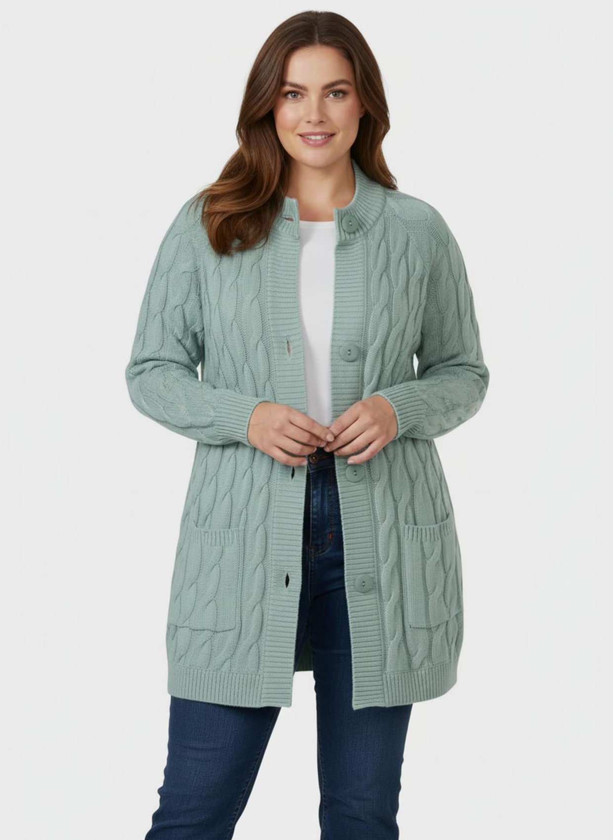 Longstrickjacke mit Zopf-Strickmuster - kalkmint