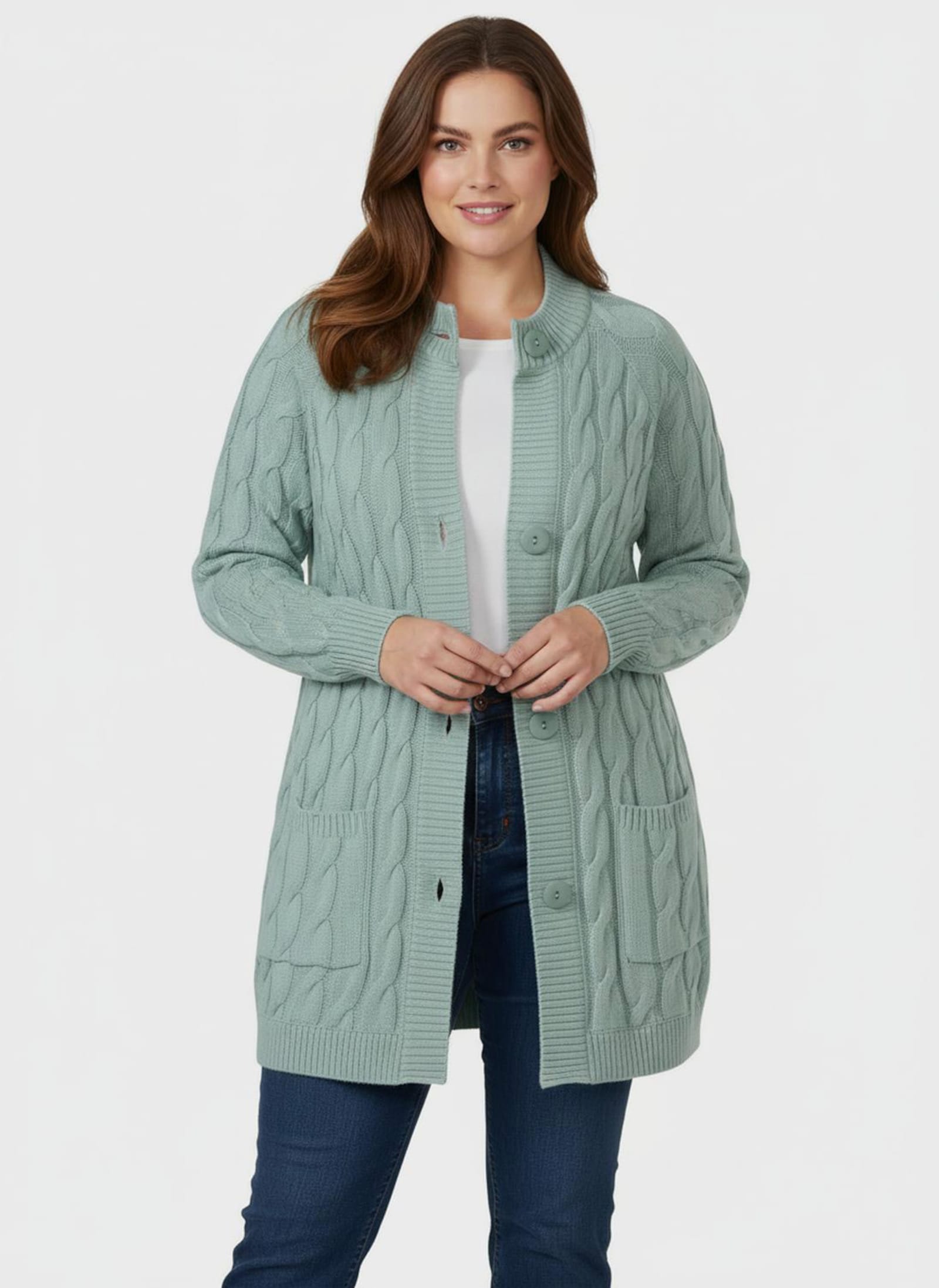 Longstrickjacke mit Zopf-Strickmuster - kalkmint