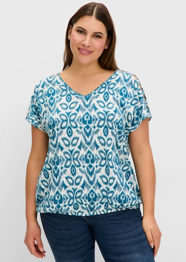 sheego Shirt mit Ausbrennerprint und geschlitzten Ärmeln - dunkelpetrol-gemustert