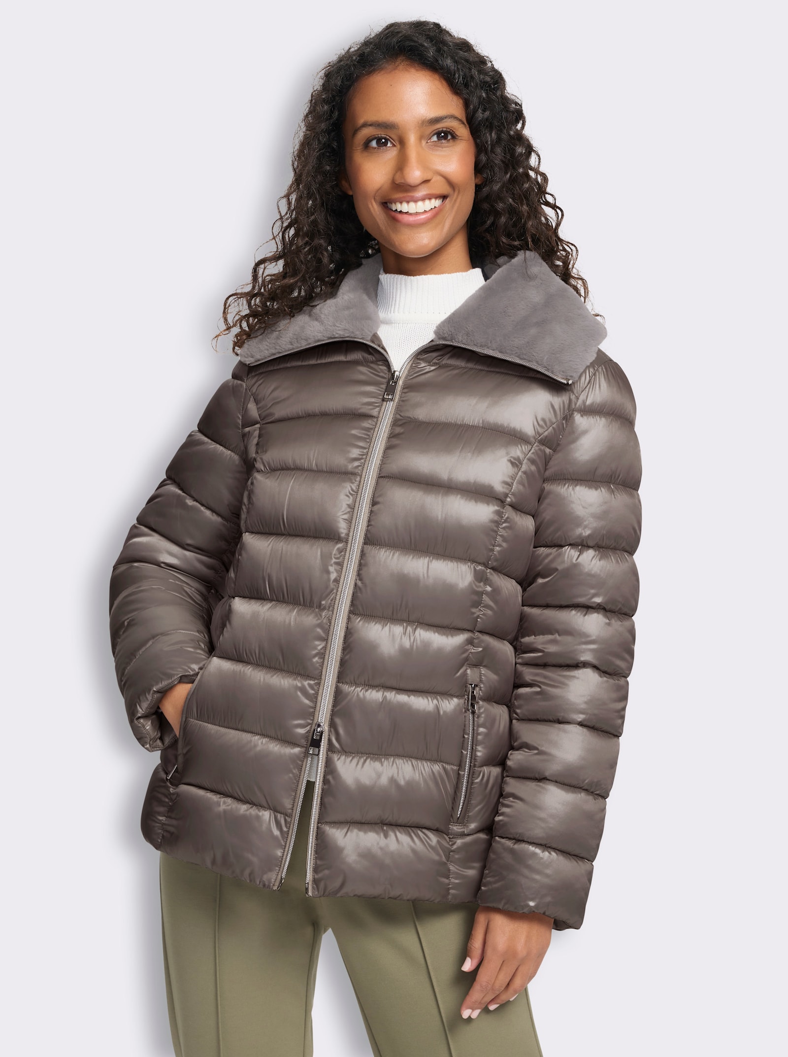 heine Steppjacke mit Fell-Imitat - taupe